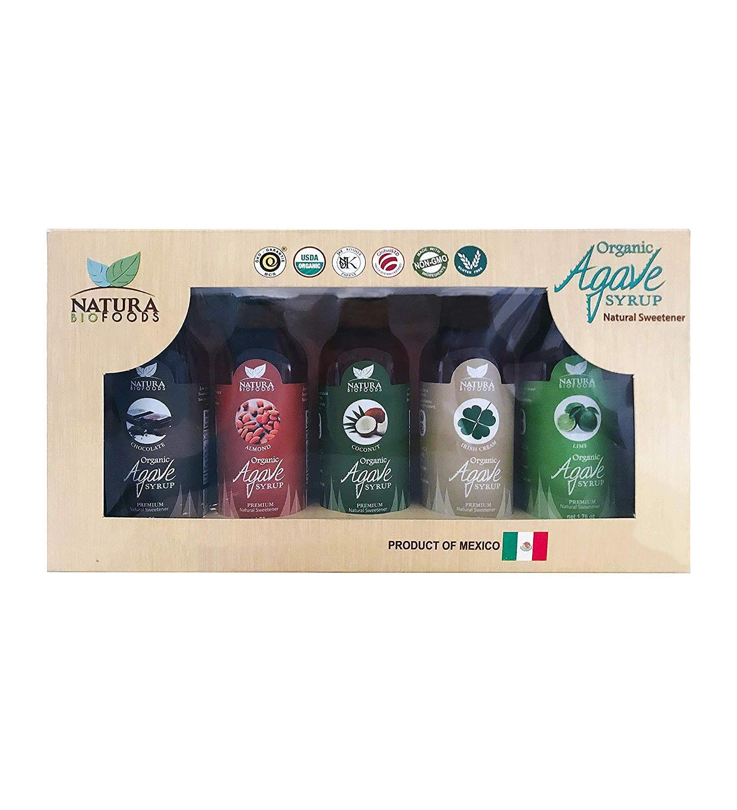 NBF Blue Organic Agave Syrup Nectar 5-Flavor Assortment Sweetener Natural Low Glycemic Index Non-GMO & Gluten Free Natural Flavors (Pack of 5, Total of 8.8 Oz) Chocolate, Almond, Coconut, Lime, Irish Cream Small 8.8 Fl Oz