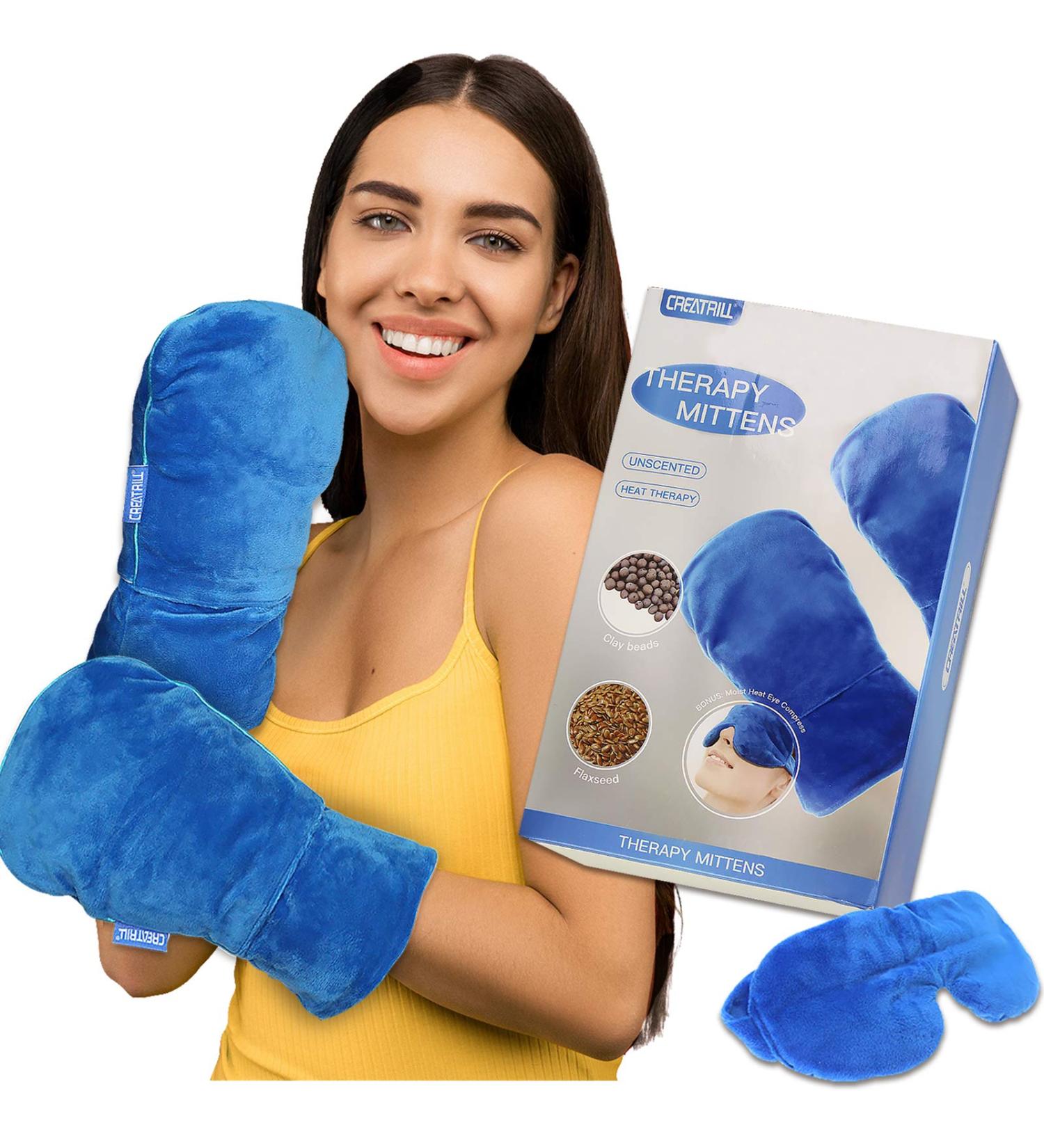 CREATRILL Microwavable Therapy Mittens for Arthritis & Raynauds Pain Relief - Natural Unscented Gloves for Moist Heat Therapy with Bonus Eye & Sinus Compress - Buy Online on GoSupps.com