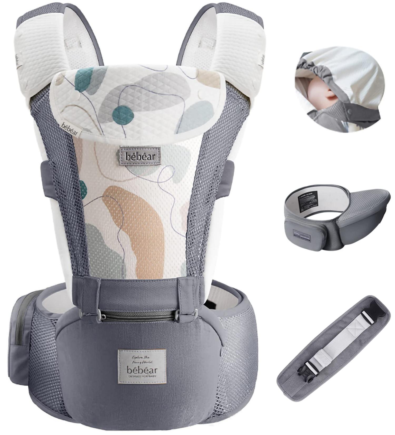 Bebamour Baby Carrier - Front and Back Carry, Newborn to Toddler, Hip Carrier, Head Hood, Waist Extender, Teething Pads - Mesh Grey - Buy Online on GoSupps.com