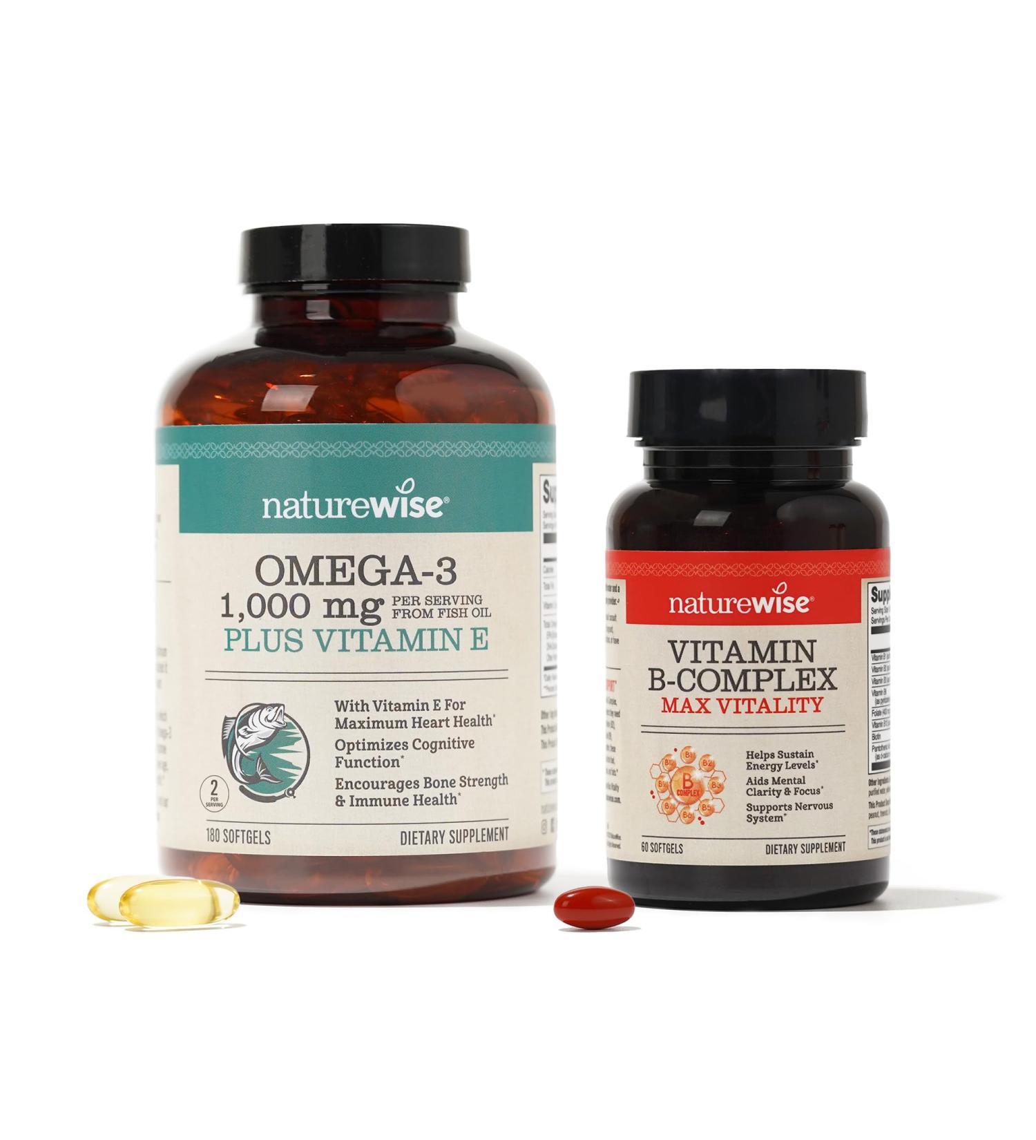 NatureWise 1000mg Omega 3 600mg EPA 400mg DHA with Vitamin E 180ct & Vitamin B Complex for Cellular Energy 60 Softgels 2-Month  - Buy Online on GoSupps.com