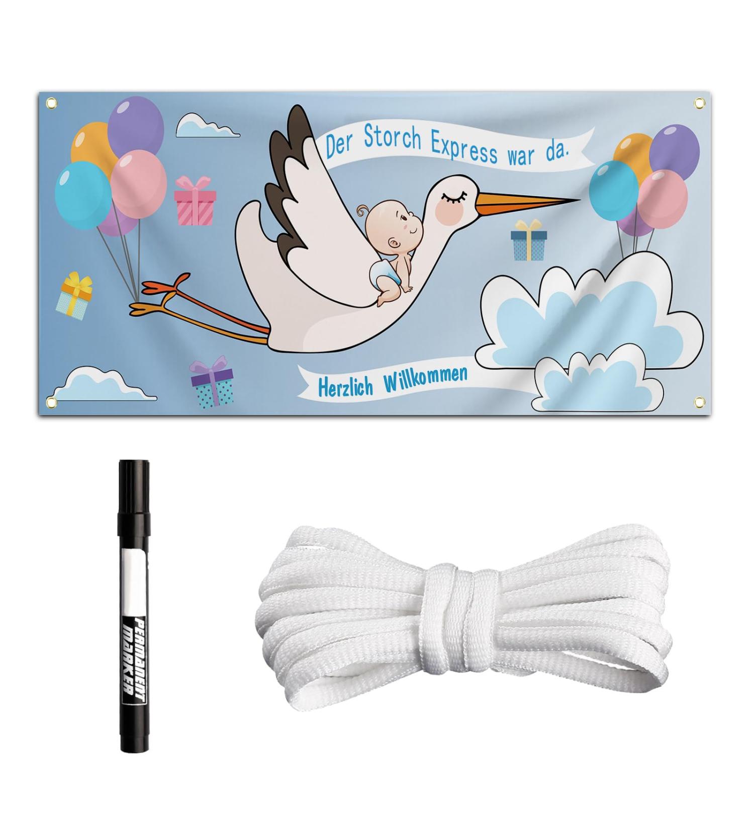 Large Weatherproof Stork Banner Set for Birth - 160 x 70 cm Blue Clattering Stork | International Shipping - Buy Online on GoSupps.com