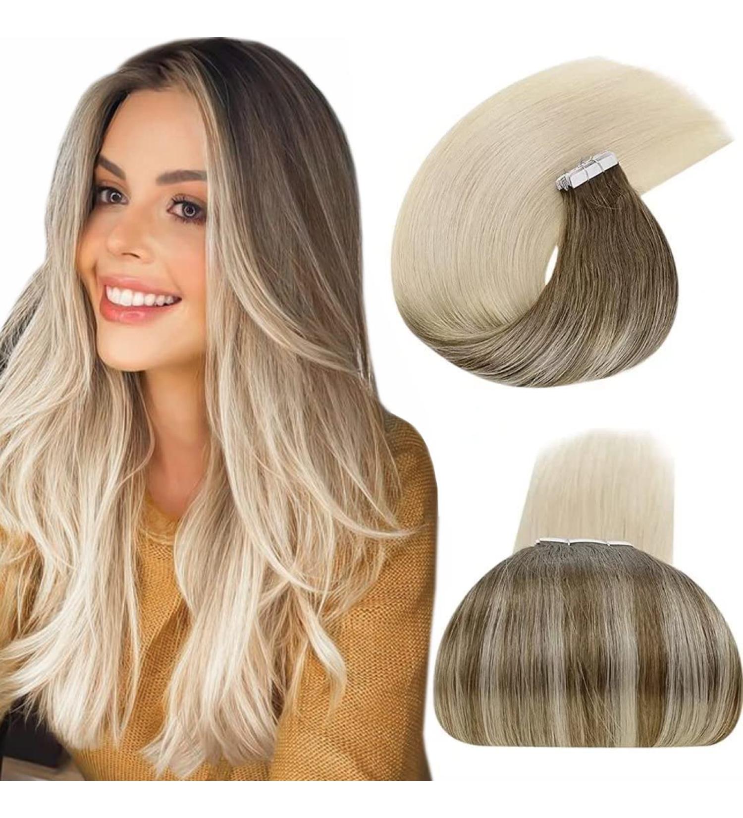 LAAVOO Real Hair Tape Extensions - Balayage Blonde #8/59 30cm 20PCS Remy Double-Sided Invisible Light Brown Ombre - Shop Internationally - Buy Online on GoSupps.com