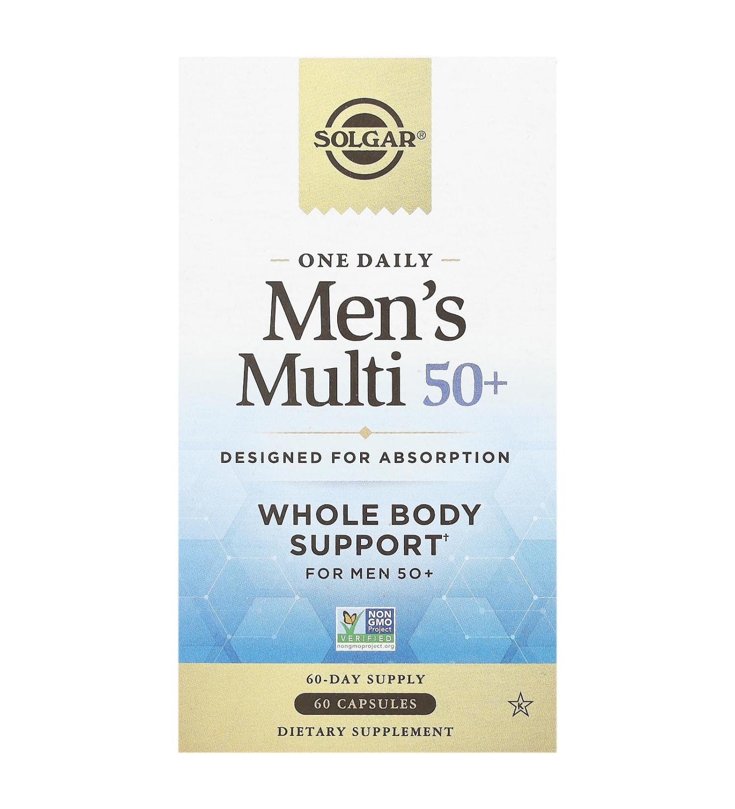 Solgar One Daily Men's Multi 50+ Whole Body Support for Men 50 and Older Highly Absorbable Delayed Release Heart Energy Stress Muscle Bone Prostate Support Vitamin 60 Vegan Capsules 60 Servings