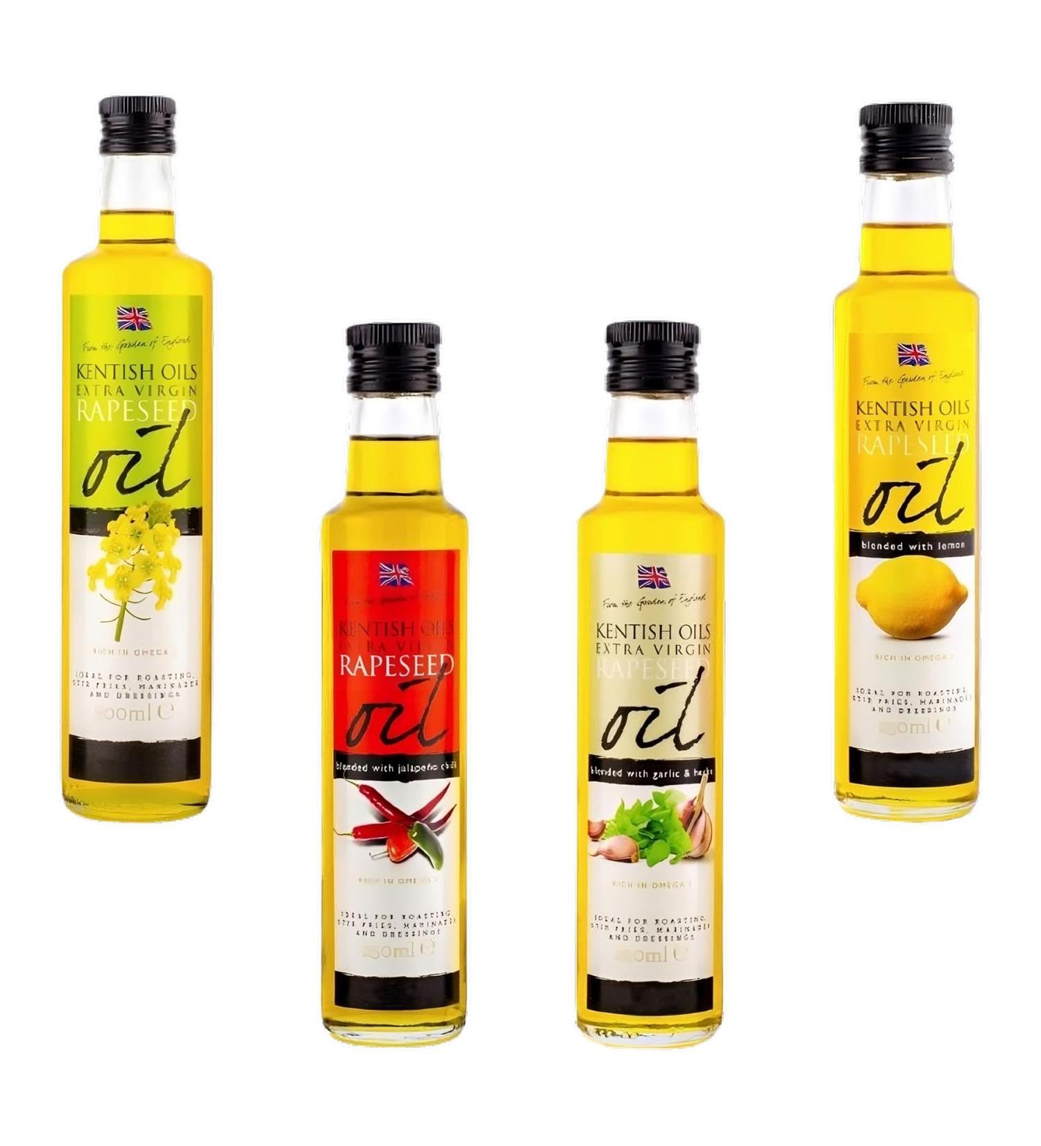 Kentish Oils Extra Virgin Rapeseed Pick N Mix - Choose From 4 Flavours | Blended Lemon Cold Pressed Rapeseed-Oil Blended Jalapeno Chilli Blended Garlic & Herbs Elevate your Cooking - Pack of 4 - Buy Online on GoSupps.com