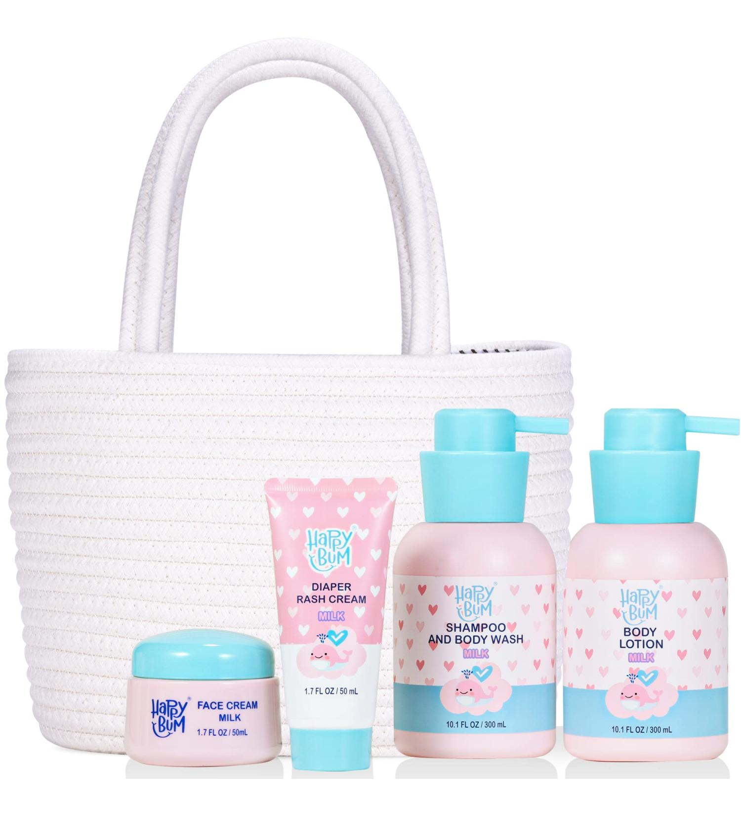 Happy Bum Baby Bath Set with Body Wash, Shampoo, Lotion, Face & Diaper Cream - Gift Set in Cotton Rope Basket - Buy Online on GoSupps.com