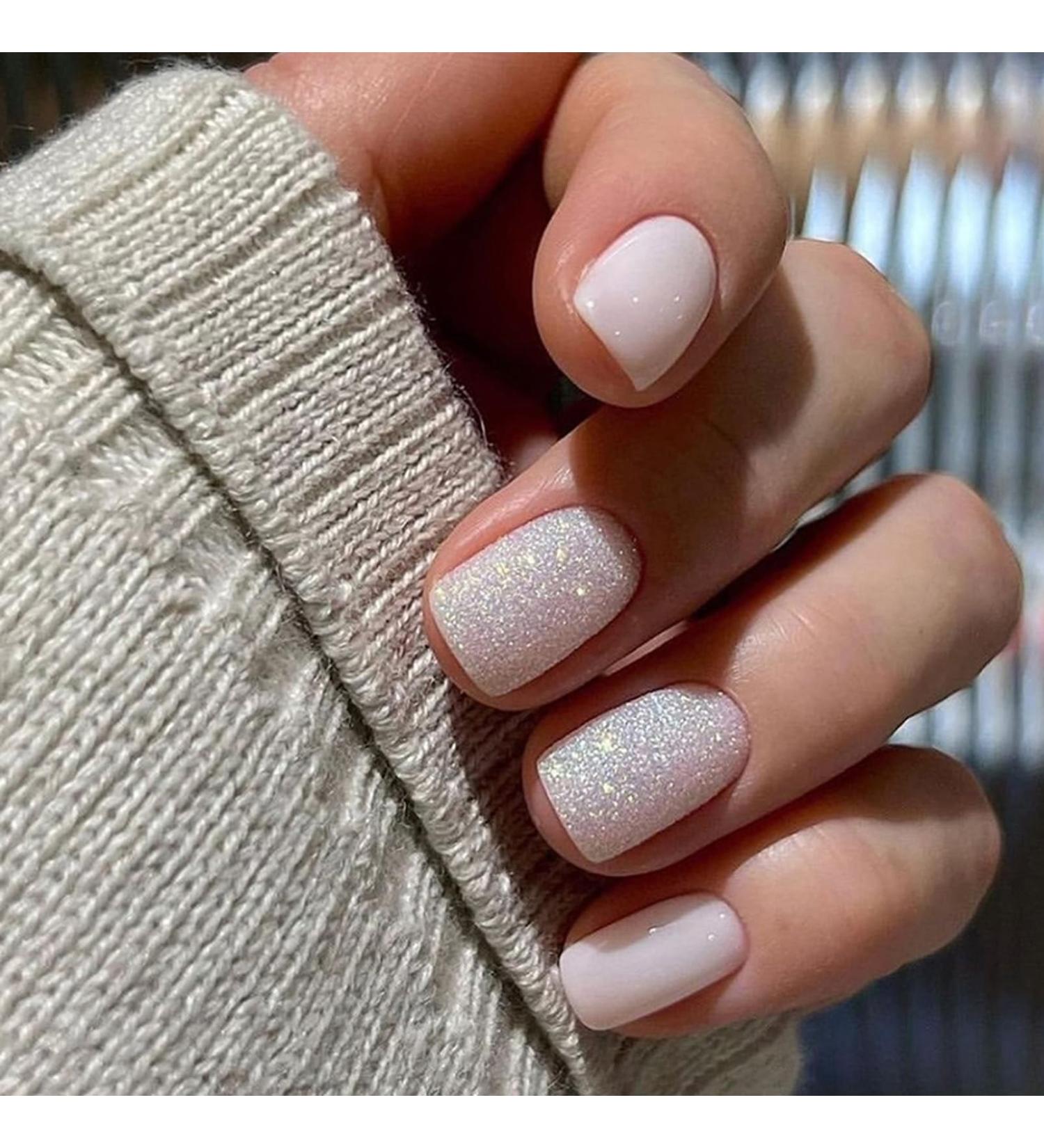 Square False Nails Short 24Pcs Glitter Fake Nails Nude White Press on Nails Milky White French Nails Tips with Nail Glue Acrylic Stick on Nails for Women Girls Nails Art Aurora Glitter - Buy Online on GoSupps.com