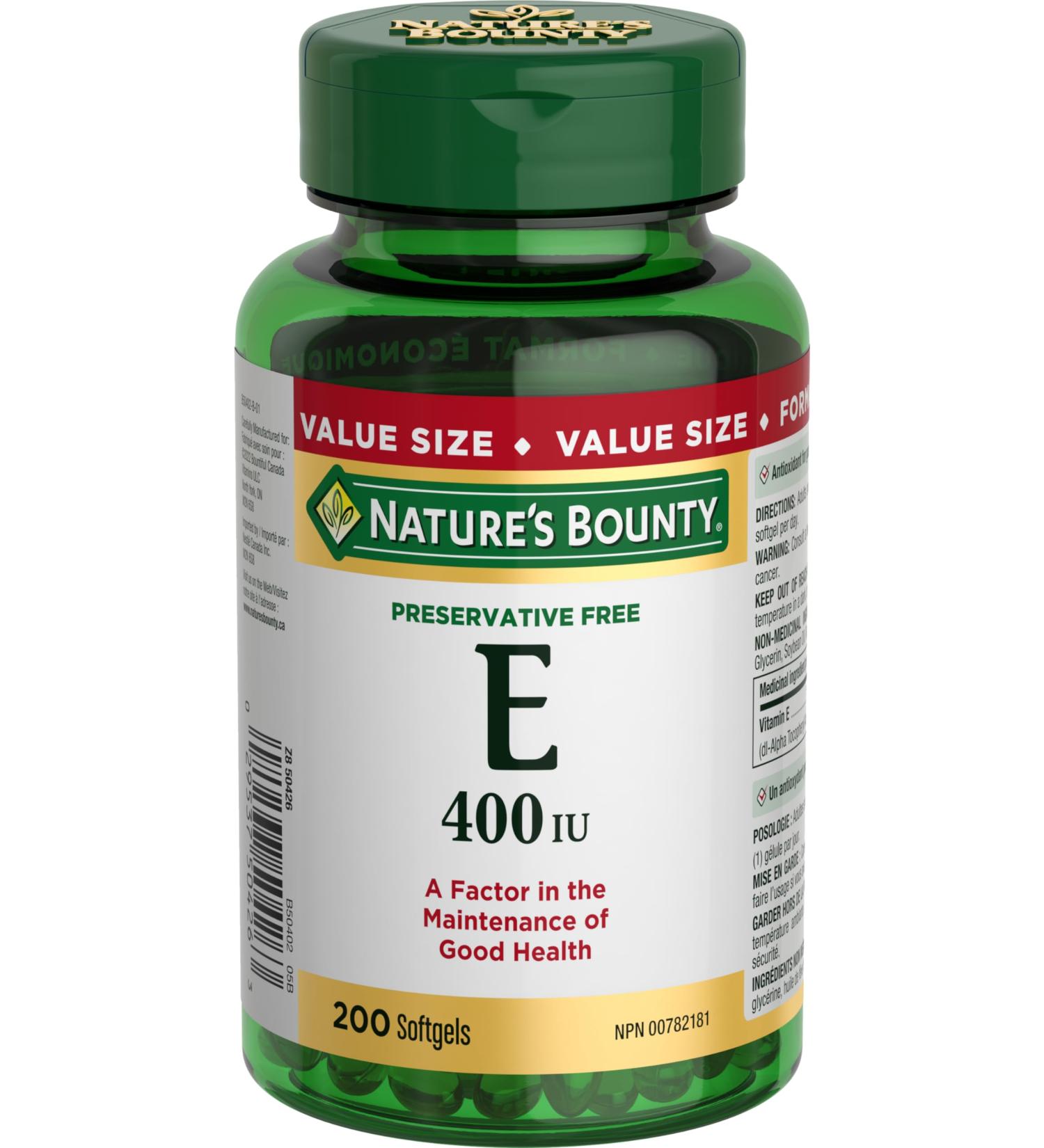Nature's Bounty Vitamin E Pills And Supplement Helps Maintain Health 400Iu 200 Softgels - Buy Online on GoSupps.com