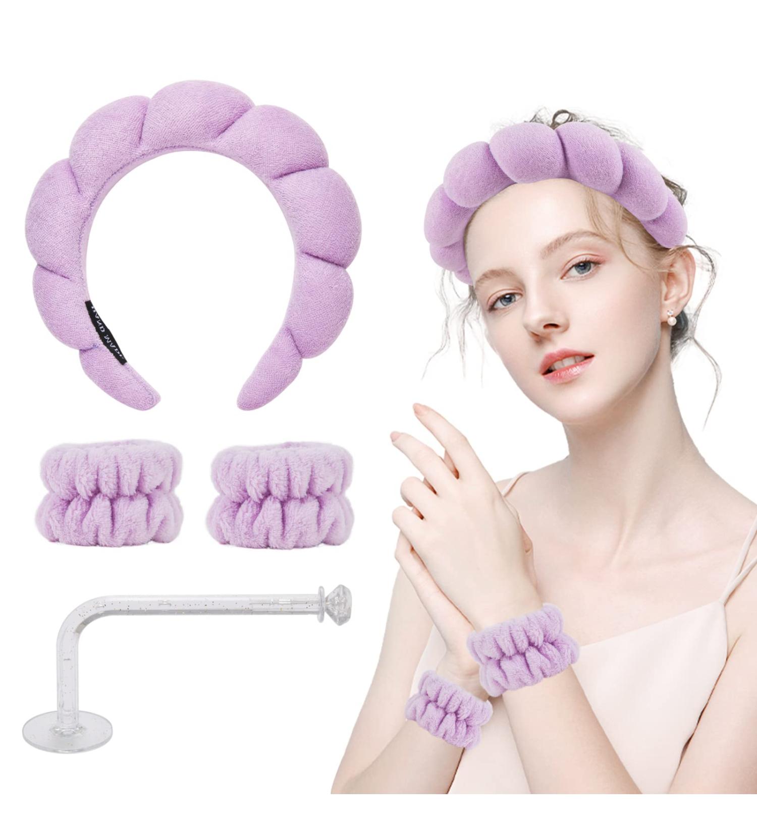 Hope&Luck 4Pcs Spa Headband Set for Women - Purple Terry Cloth Sponge Headband for Face Washing - Bubble Headband with Wristband - Buy Online on GoSupps.com