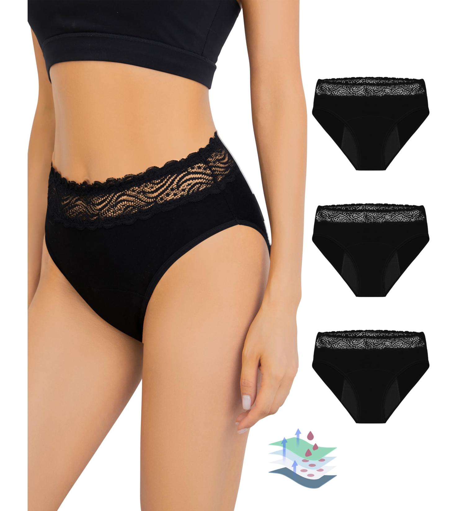 Leovqn Lace Trim Period Pants for Women - Heavy Flow Menstrual Underwear, Leakproof Postpartum Briefs - Size M Black - Buy Online on GoSupps.com