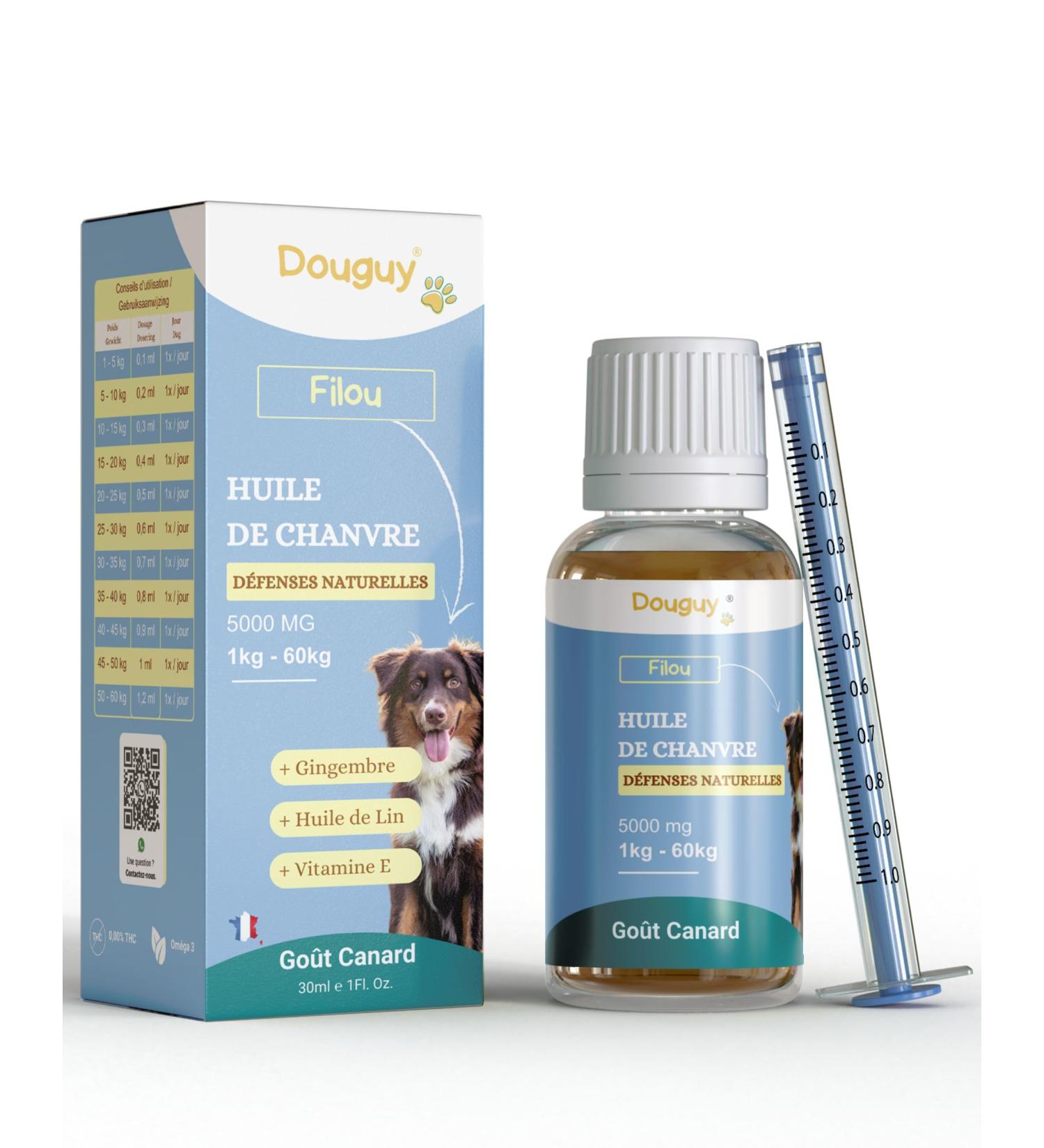 DOUGUY | Hemp Oil for Dogs Natural Defenses for Dogs | Hemp Oil for Dogs | 5000mg | Vitamin E Ginger Flaxseed Oil Immunity for Dogs Duck Flavor | 30ML - Filou (Duck) - Buy Online on GoSupps.com