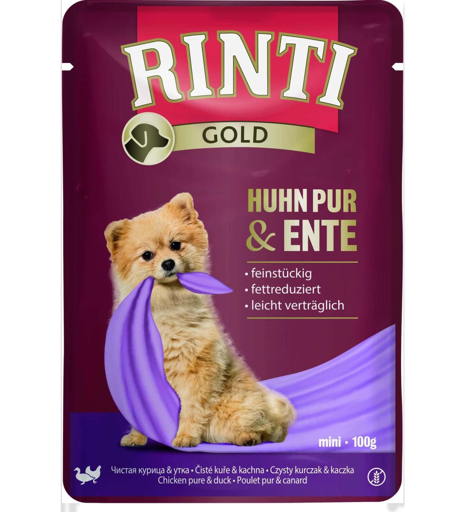 RINTI Gold Mini Pure Chicken & Duck | 10 x 100 g | Complete Food for Small Adult Dogs | Chicken and Duck for Dogs Sensitive to Allergies | in Fresh Pouch