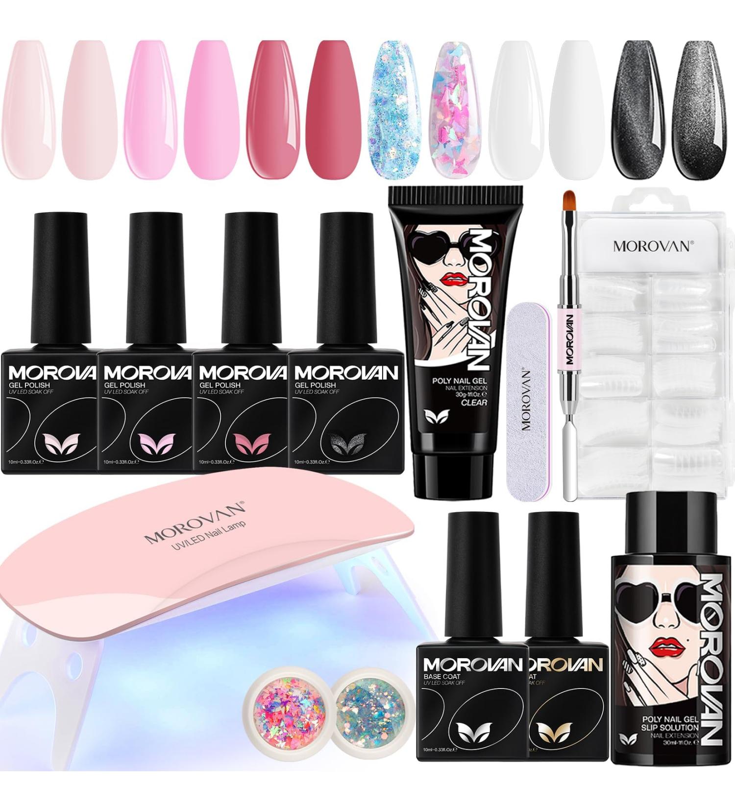Poly Gel Nail Kit - 3 Pure & 1 Cat Eye Gel Polish + Mini UV Lamp - DIY Nail Extension Starter Set with Glitter Base Coat & Top Coat - Buy Online on GoSupps.com