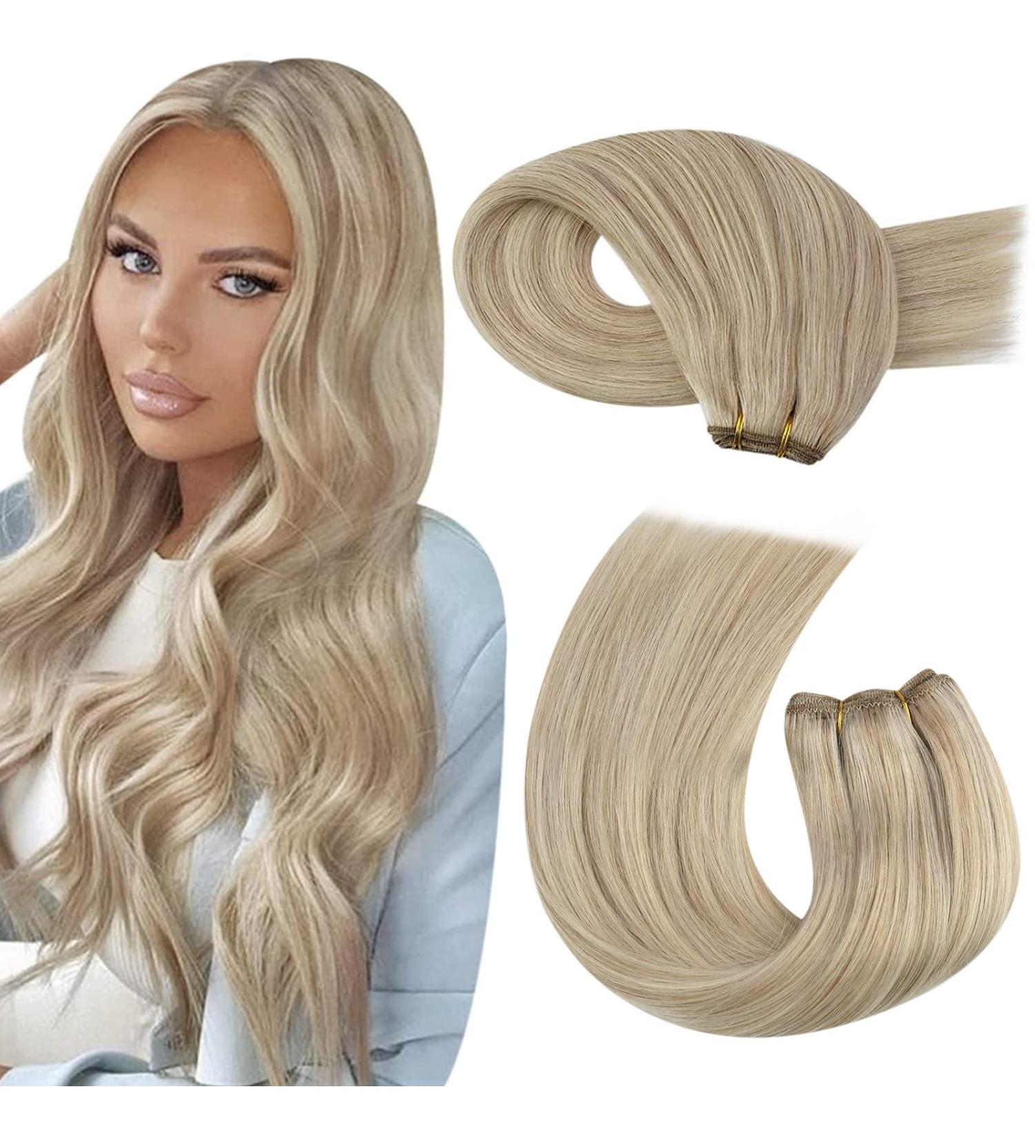 Moresoo Human Hair Weft Blonde Double Weft Hair Extensions - Ash Blonde with Platinum Blonde Sew in Hair Extensions 18 Inch 100g/Pack #P18/613 - Buy Online on GoSupps.com