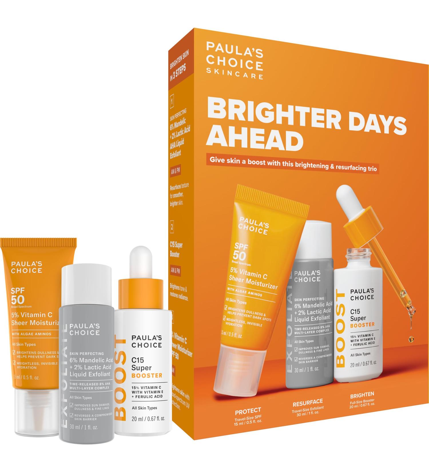 Paula's Choice Brighter Days Ahead Kit Vitamin C and AHA Trio Includes Travel Size C5 SPF Face Sunscreen Mandelic Acid Exfoliant C15 Vitamin C Booster Serum Brightening & Resurfacing 3-Piece Set - Buy Online on GoSupps.com