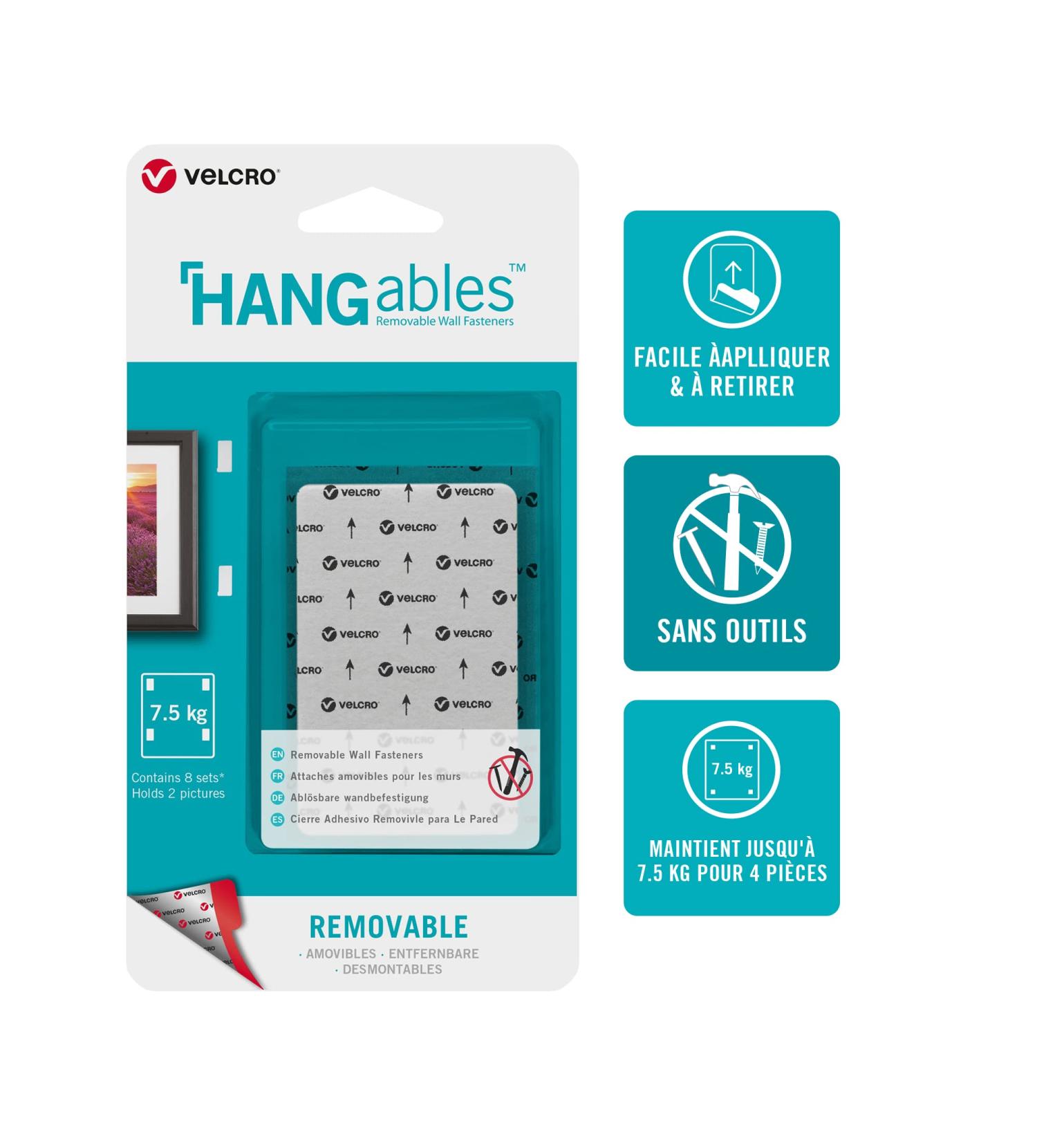 VELCRO Brand HANGables Removable Wall Fasteners | Strong Adhesive Hold  Up to 7.5 kg / 16   lb (per set of 4) | Easy-to-Remove from Wall  Firm Hold to Frame or Mirror | 1   x 3in strips  8 sets  White Large Strips 8 Sets - Buy Online on GoSupps.com