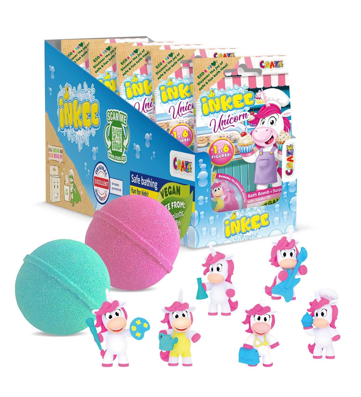 Inkee Unicorn Professions Bath Bombs | 5x 100g Surprise Gifts for Kids | Banana-Milk & Jojoba Oil | Pink & Green Aromatic Fun - Buy Online on GoSupps.com