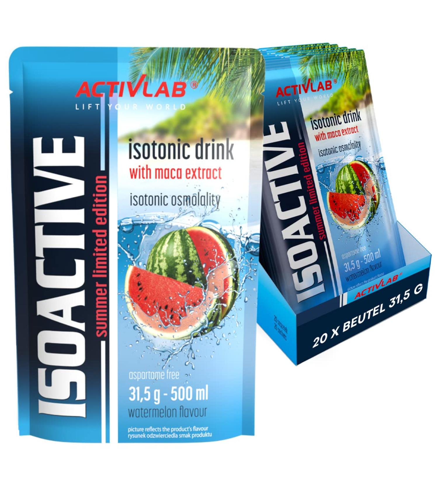 Activlab Isoactive Isotonic Drink with Maca - Electrolyte & B-Vitamins - 20 x 31.5g Watermelon - Practical 500ml Bag - 3x Lab Tested for Optimal Hydration - Buy Online on GoSupps.com