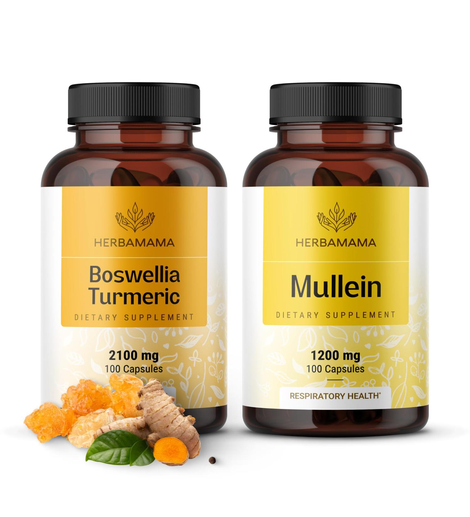 HERBAMAMA Boswellia Turmeric and Mullein Leaf Capsules Kit - Bundle of 2100 mg Boswellia Turmeric & 1200 mg Mullein Leaf Capsules - Vegan Non GMO Gelatin-Free - 2 Pack - Buy Online on GoSupps.com