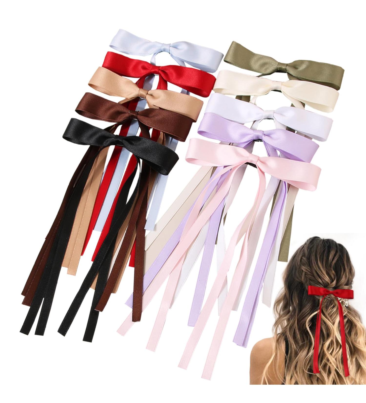 10PCS Hair Bows for Women Tassel Ribbon Hair Clip with Long Tail French Bow Hair Clips Solid Hair Ribbons for Women Girls - Buy Online on GoSupps.com