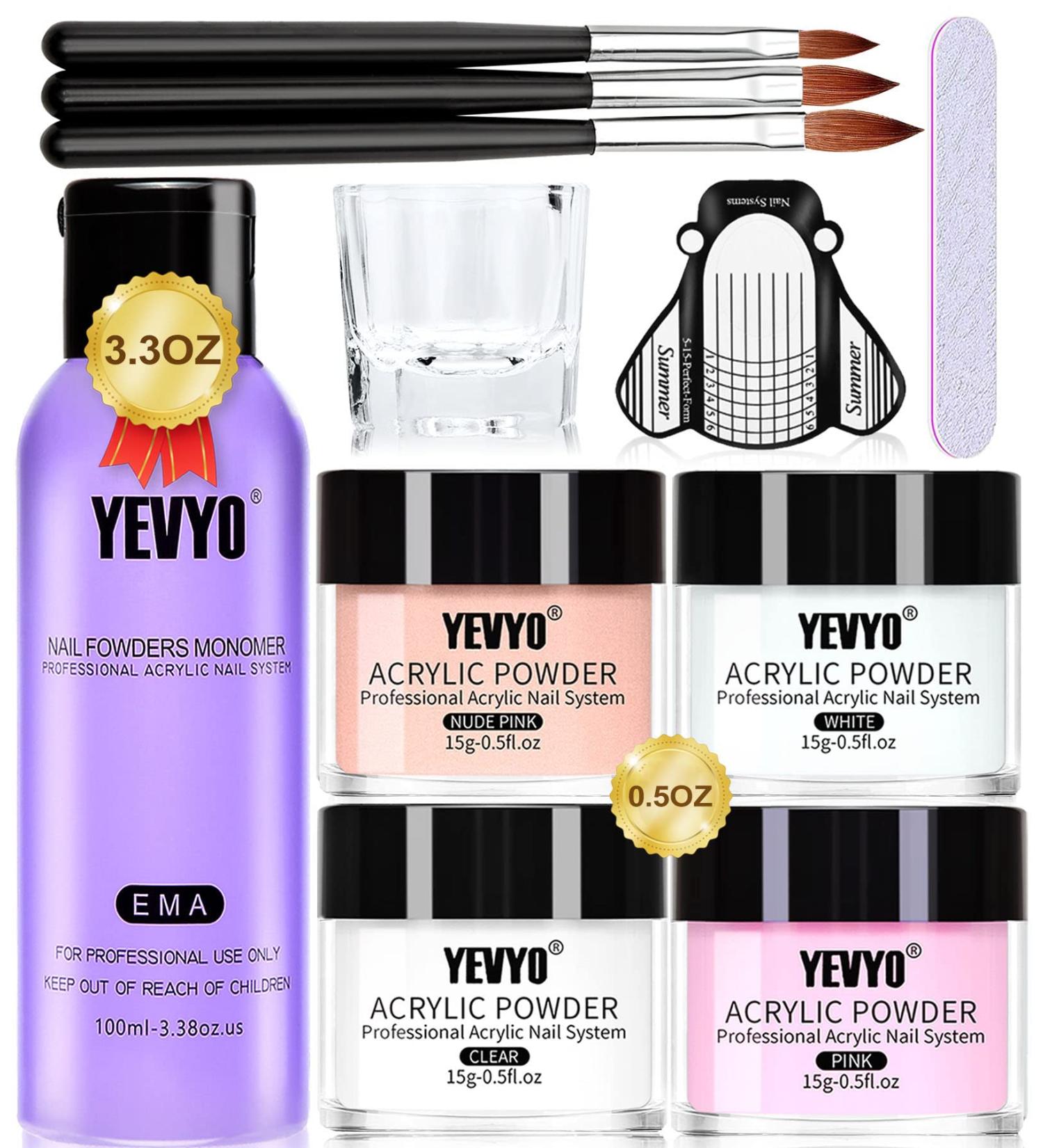 YEVYO Acrylic Nail Kit - 4 PCS Powder and Liquid Set with Clear, Nude, Pink, White Nail Powder - 3.38 Oz Monomer, Professional Brush, Forms for Nails Extension - Beginner and Home DIY - Buy Online on GoSupps.com