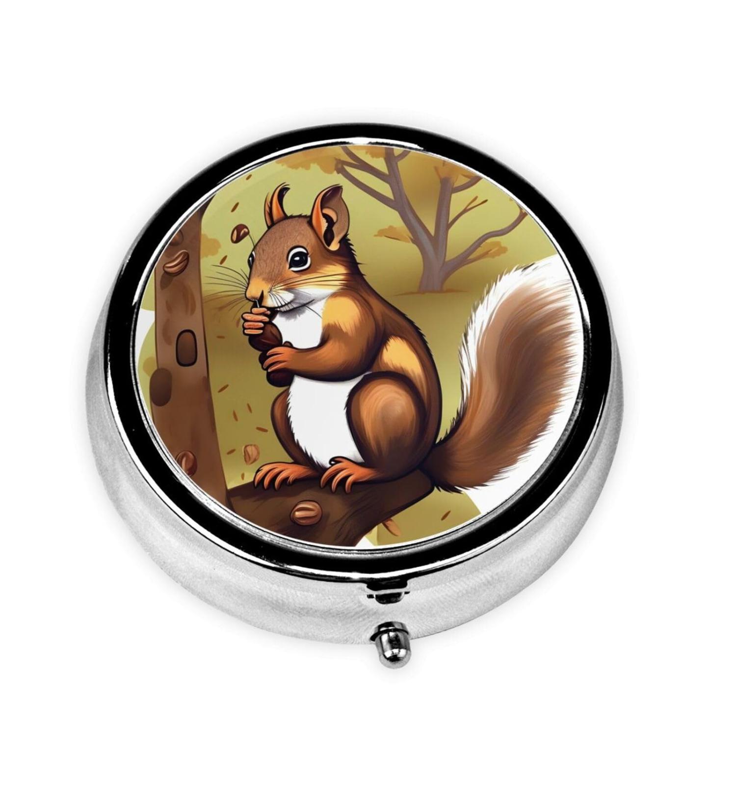 Nut-Eating Squirrel Round Pill Box - 3 Compartment Organizer for Purse & Pocket - Portable Travel Solution - Buy Online on GoSupps.com