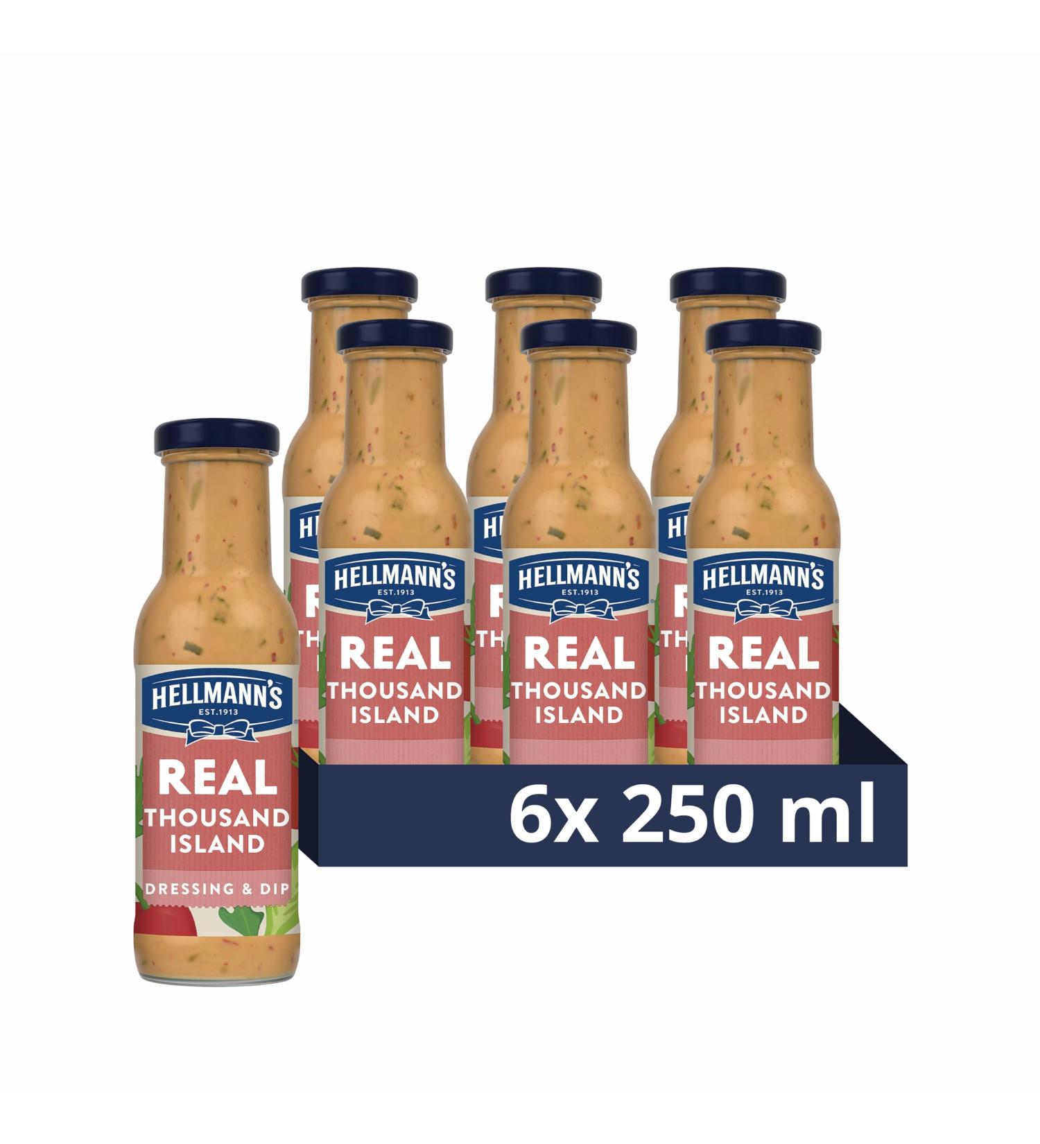 Hellmann's Real Thousand Island Salad Dressing & Dip vegetarian condiment free from artificial colours and flavours for salads sandwiches salmon and prawn cocktails 6x 250 ml - Buy Online on GoSupps.com