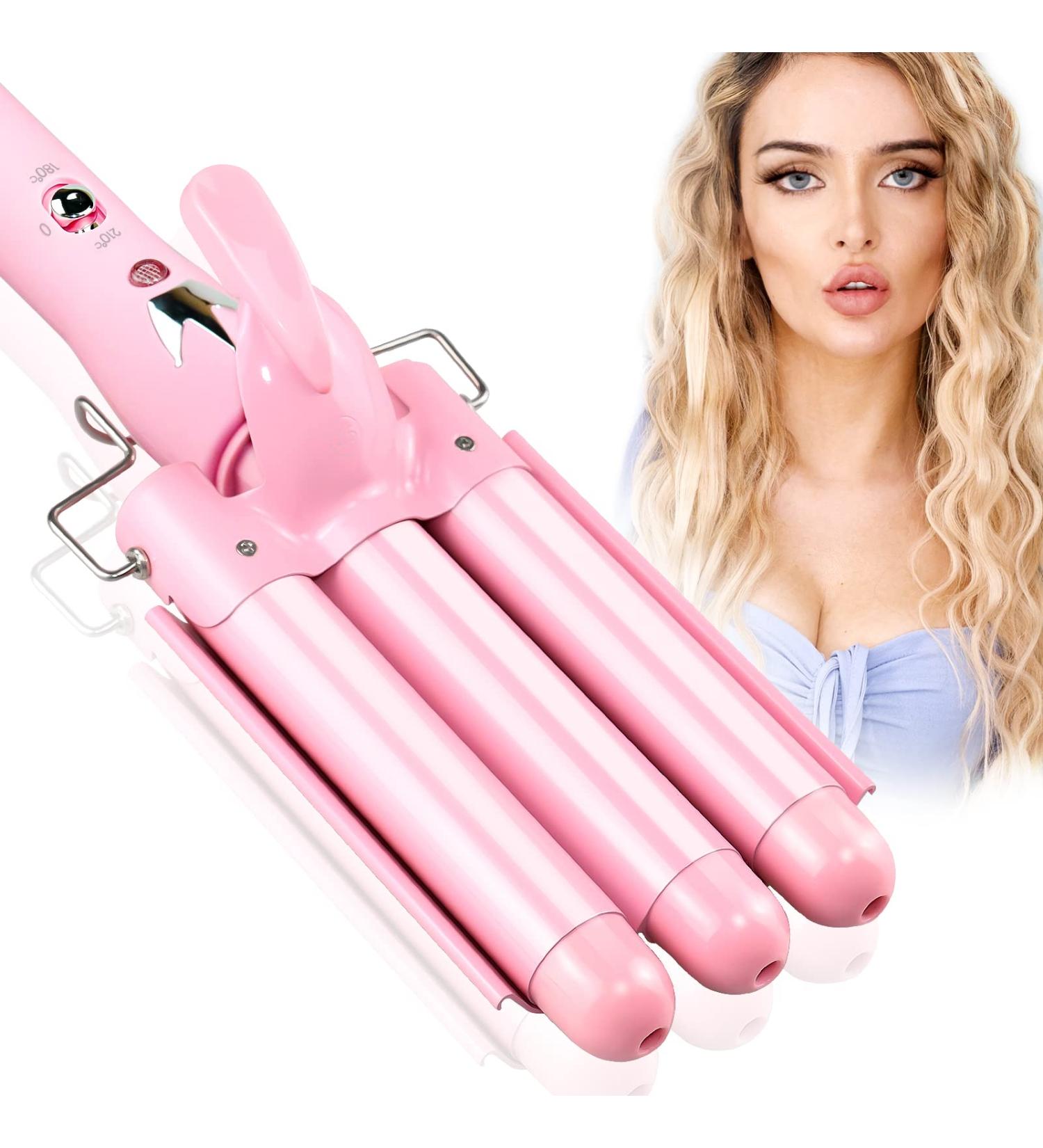 25mm Wave Iron for Hair | 3-Barrel Ceramic Curling Iron with Adjustable Temperature - Quick Heating Rose Pink Waves for All Hair Types - Buy Online on GoSupps.com