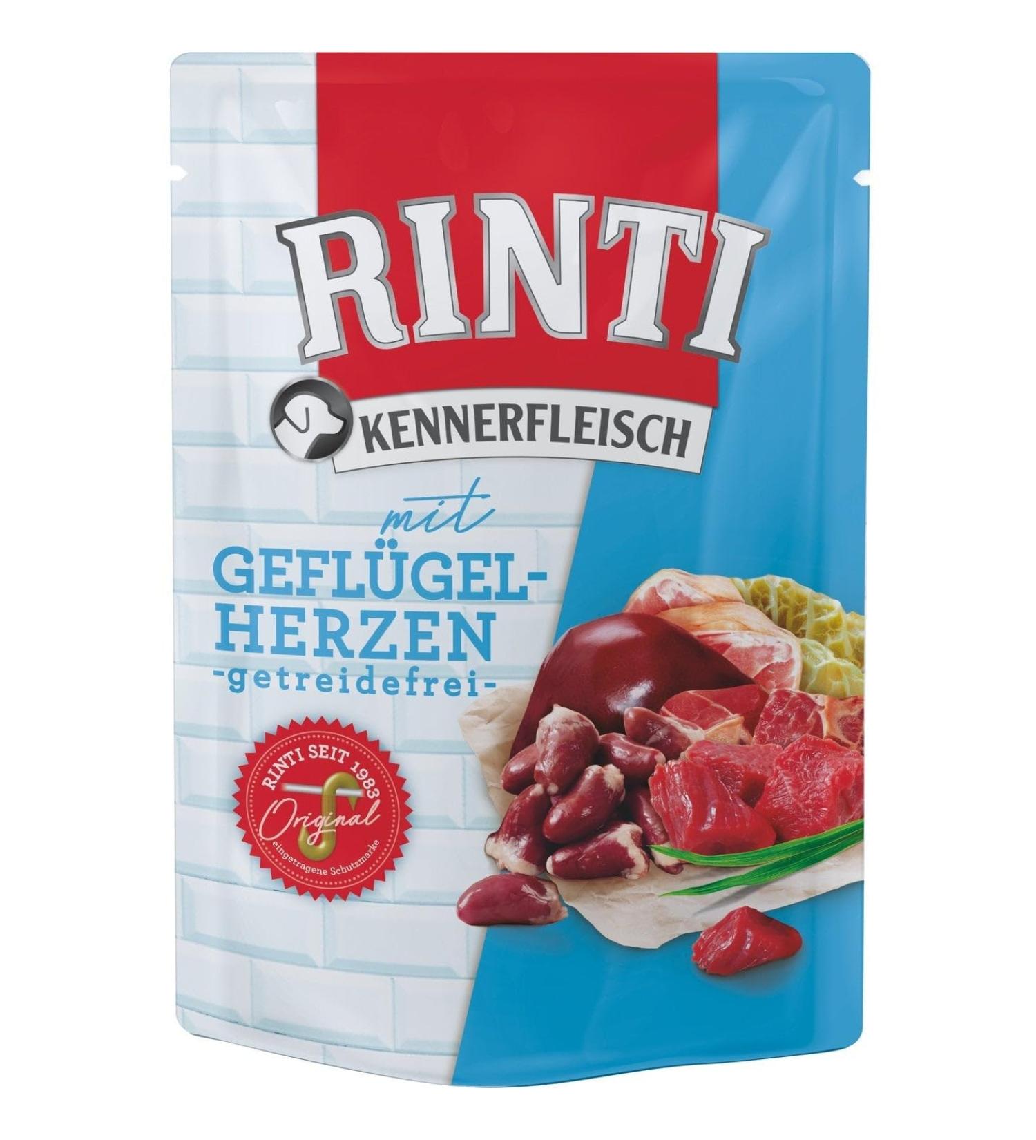 RINTI Kennerfleisch Poultry Hearts | 10 x 400 g | Complete food for adult dogs in a fresh bag | Grain-free food with a high meat content | To regulate digestion