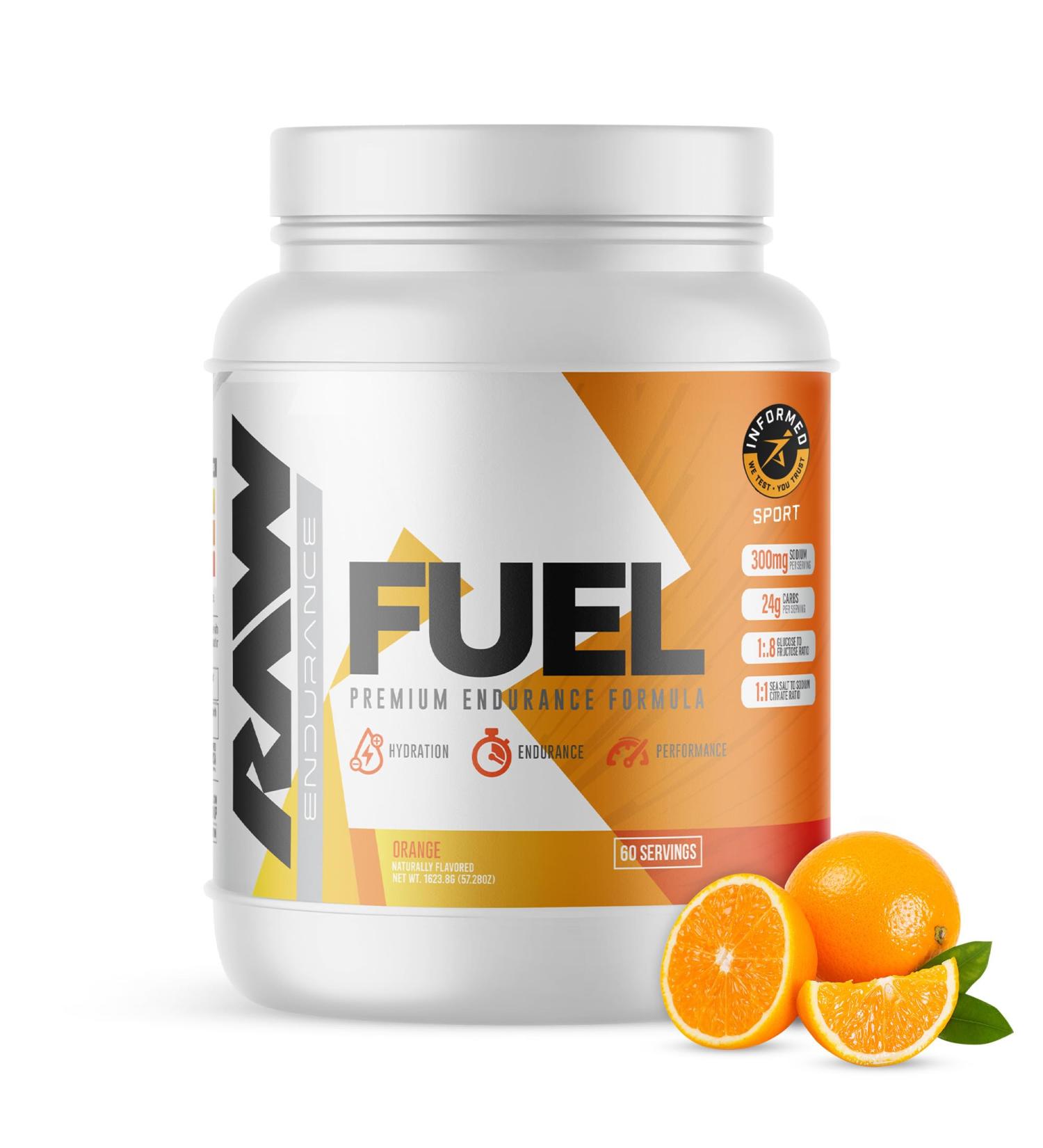 RAW Fuel Premium Endurance Supplement Powder Orange (60 Servings) - Peak Performance Hydration & Stamina During Workouts Training or Competition - 24g of Carbohydrates & 300mg of Sodium - Buy Online on GoSupps.com
