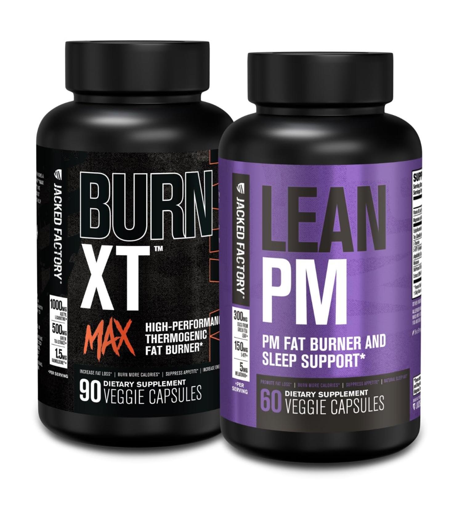 Jacked Factory 24/7 Fat Burner Stack - Burn XT MAX High Performance Fat Burner (90 Capsules) - Lean PM Nighttime Sleep Support for Weight Loss and Appetite Suppression (60 Capsules) - Buy Online on GoSupps.com