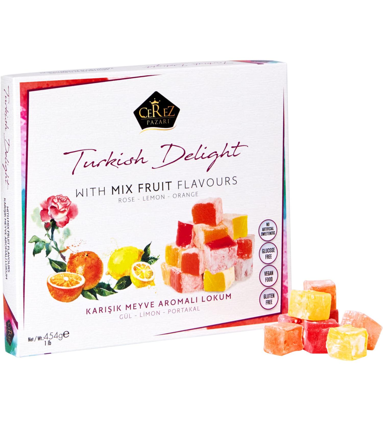 Cerez Pazari 16 Oz Turkish Delight Gift Box | Rose, Orange, Lemon Flavors | Vegan & Glucose Free Traditional Lokum Candy | Medium Size Gourmet Snack - Buy Online on GoSupps.com