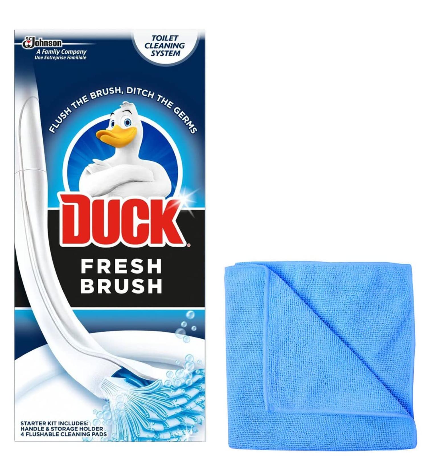 Toilet Duck Fresh Brush with Holder-Toilet Bowl Cleaner Starter Kit 1 Handle + 4 Refills - with Microfibre Cleaning Cloth Duck Brush + Microfibre Cloth - Buy Online on GoSupps.com