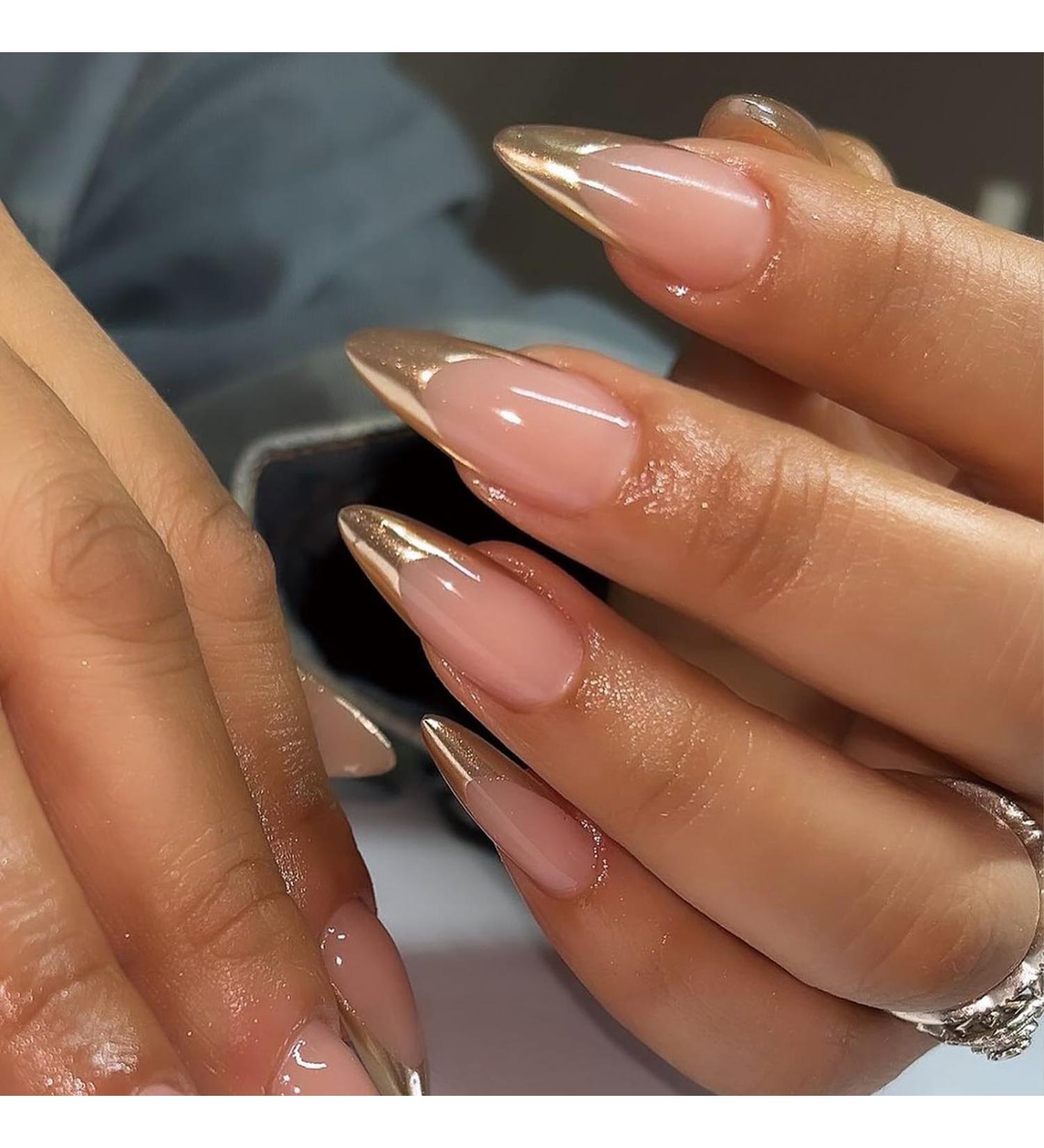 Buy SINHOT Stiletto Press on Nails - Long Almond Gold Glitter Acrylic Glossy French Tip - 24 pcs FN0180002a | International Shipping Available - Buy Online on GoSupps.com
