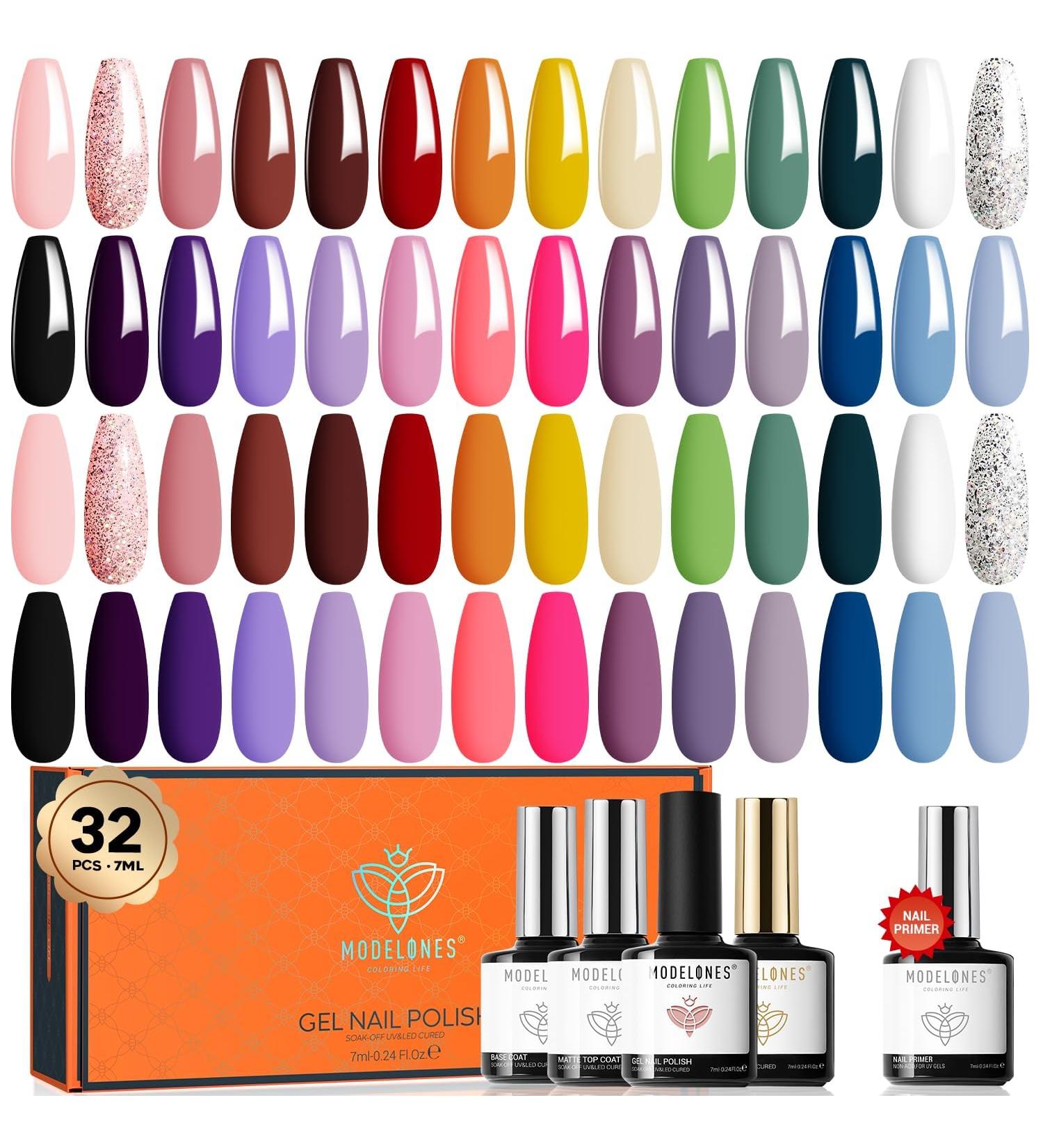 Modelones 32 Pcs Gel Nail Polish Set 28 Colors All Season Gel Polish Kit with Glossy& Matte Gel Top Coat No Wipe Base Coat Nail Primer Orange Red Purple Pink Black White Classic Colors Nails DIY A1-Multicolors - Buy Online on GoSupps.com