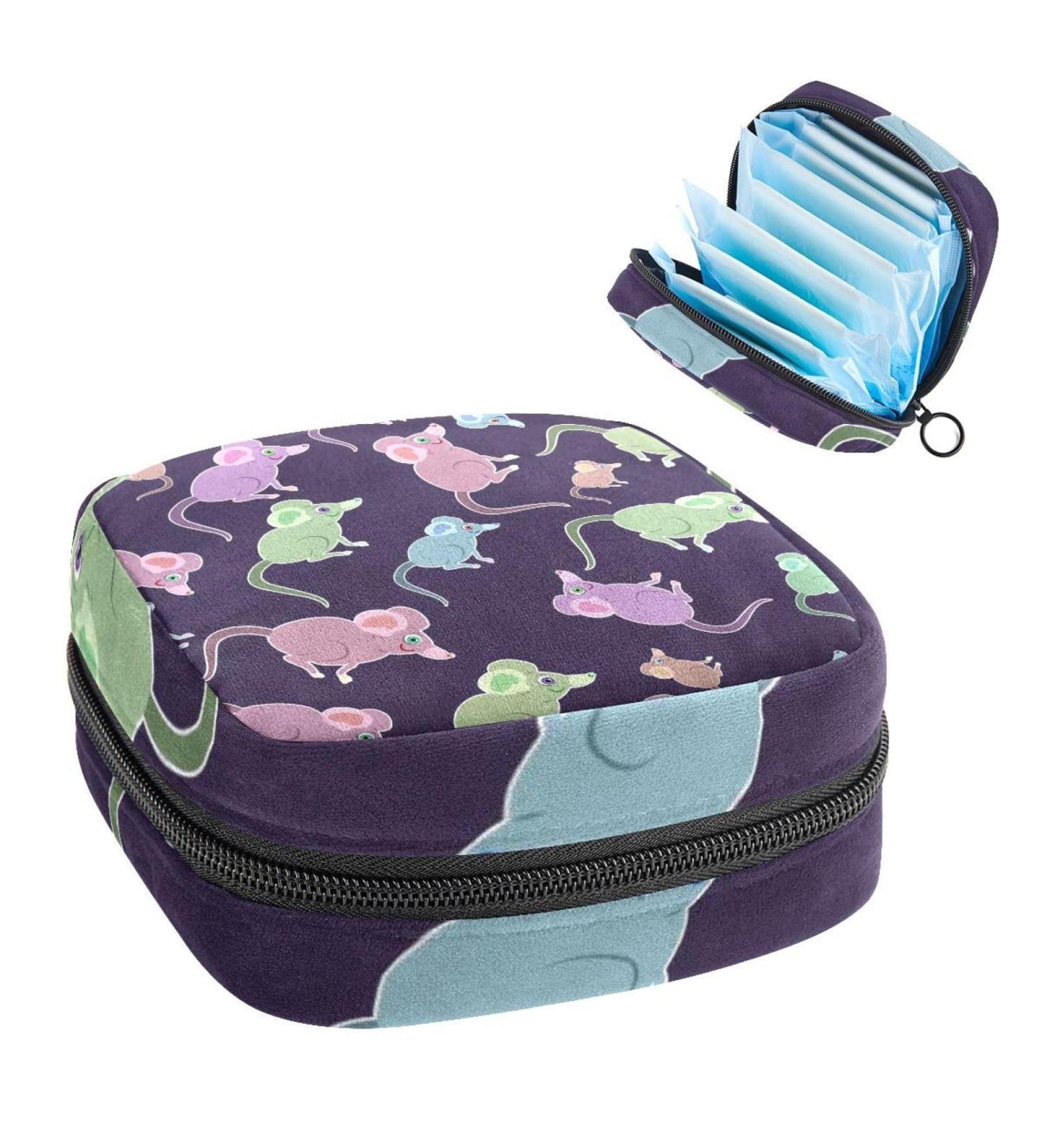Multi-Color Tampon Storage Bag | Period Pocket Organizer - Purple Green Blue Mice Pattern - Wearable Feminine Product Holder 4.7x6.6x6.6 in - Buy Online on GoSupps.com