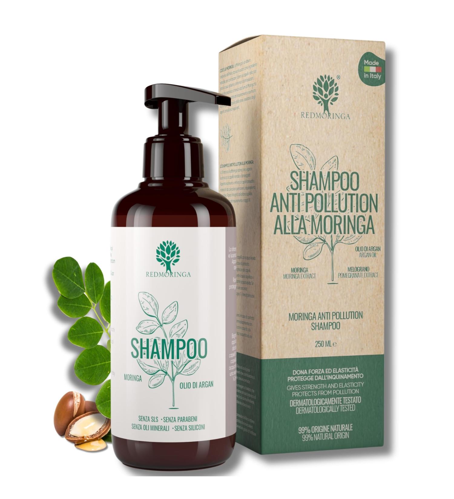 EcoBio Anti Pollution Moringa Shampoo | Clean Hair for up to 72H | 99.5% Natural | For Normal and Damaged Hair | With Moringa Argan Oil Pomegranate | Italian Product RedMoringa - 250ml - Buy Online on GoSupps.com