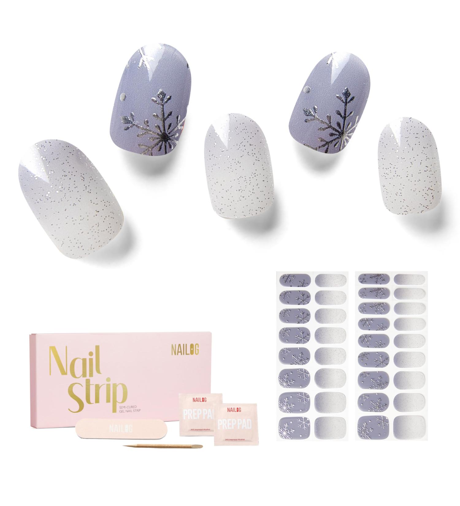 NAILOG Semi Cured Gel Nail Strips 34 pcs Salon-Quality Gel Nail Stickers Long Lasting Nail Wraps for Women with Soft Gel Finish Vintage Print & Silver Glitter (Snow Rain) - Buy Online on GoSupps.com