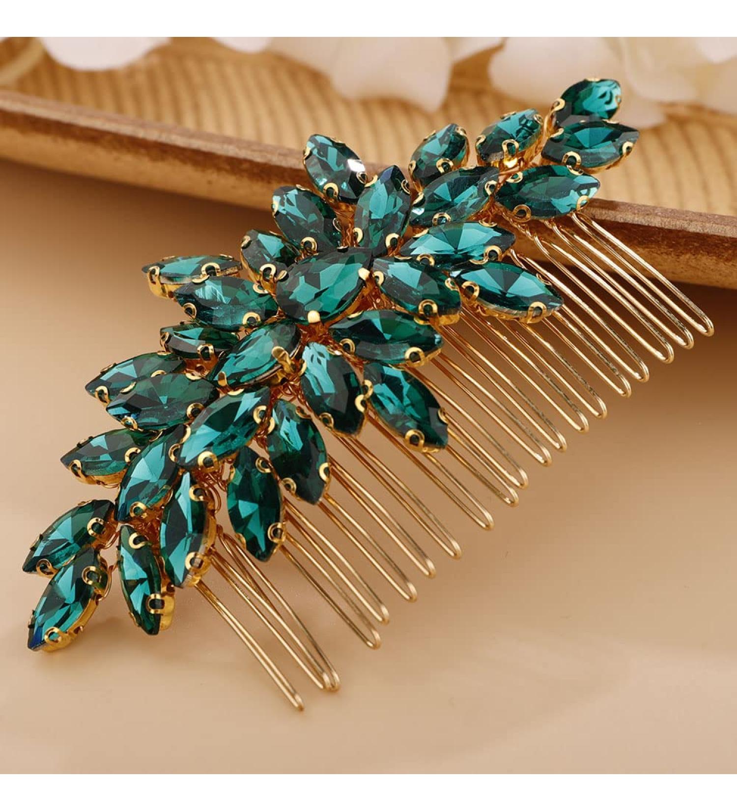 Chargances Crystal Bridal Hair Comb in Malachite Green | Handmade Wedding Hair Accessories for Bride, Prom, Flower Girl | Fashion Hair Clip with Rhinestones - Buy Online on GoSupps.com