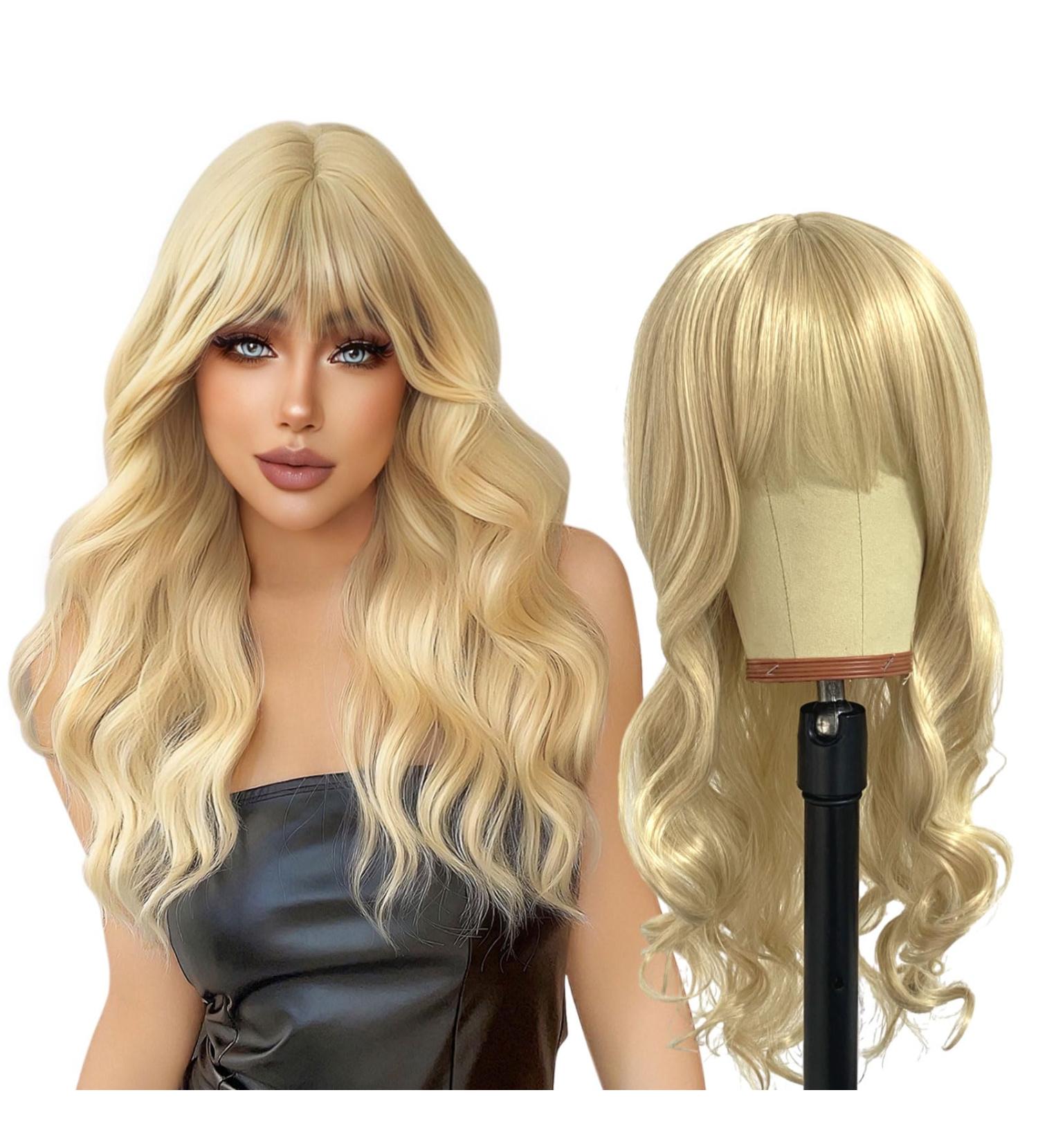 EUPSIIU Long Wave Blonde Wigs for Women 27 Long Curly Wigs with Bangs Ladies Fancy Dress Wig Synthetic Hair Wigs Women's Charming Full Hair Replacement Wigs for Cosplay Party Daily Use (Blonde) - Buy Online on GoSupps.com
