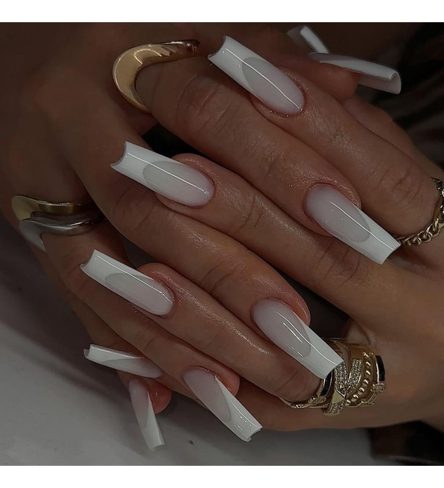 24Pcs Long French False Nails - White Coffin Press On with Nail Glue | Acrylic Stick On, Full Cover French Tips for Women | Nude White French Nail Art - Buy Online on GoSupps.com
