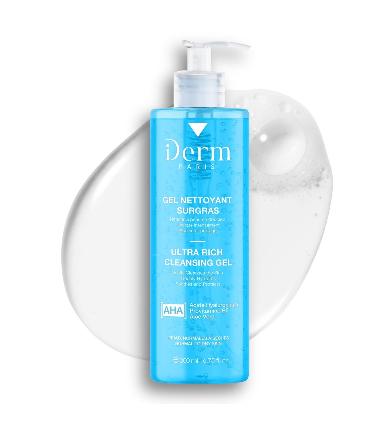 iDerm Paris Ultra-Rich Repairing Superfat Cleansing Gel - Hyaluronic Acid Provitamin B5 Aloe Vera - Normal to Dry Skin - 200 ml