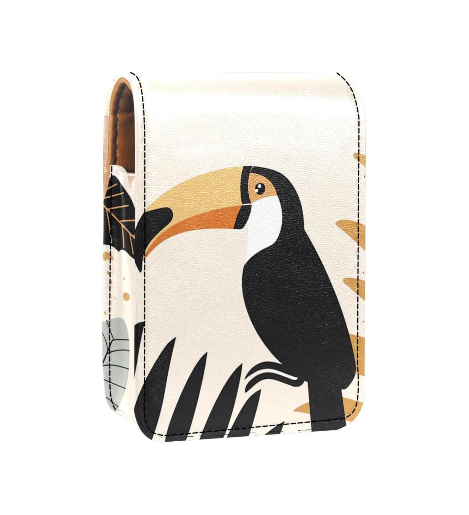 Shop Stylish Leather Lipstick Case with Mirror | Mini Lip Gloss Organizer - Tropical Leaf Toucan Design - Buy Online on GoSupps.com
