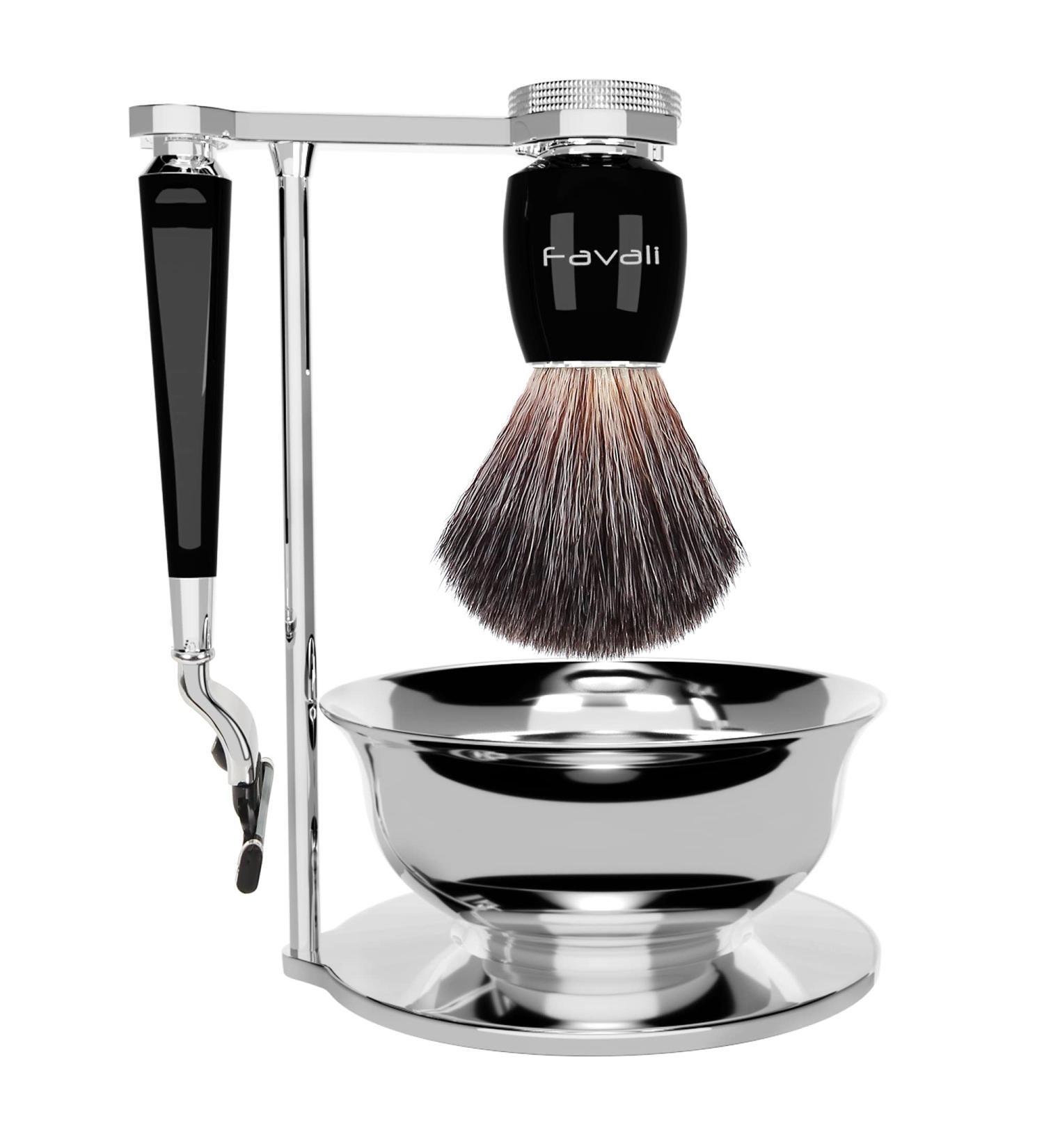Favali 4-in-1 Shaving Brush Set - Stainless Steel Chrome Razor Brush & Bowl - Perfect Wet Shaving for Men - International Shipping Available - Buy Online on GoSupps.com