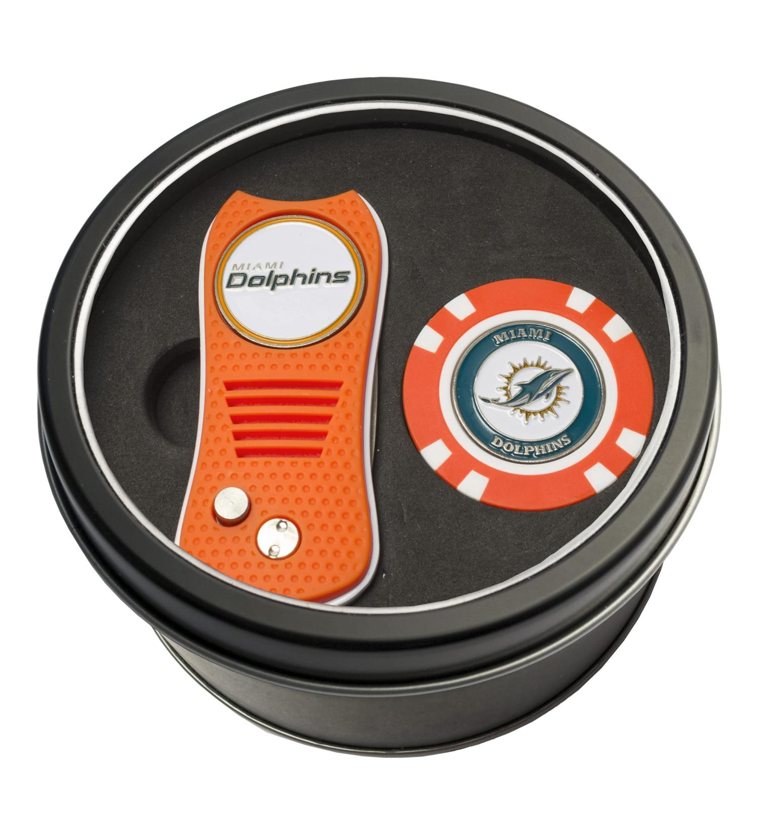 Team Golf NFL Gift Set Switchblade Divot Tool & Chip, Includes 2 Double-Sided Enamel Ball Markers, Patented Design, Less Damage to Greens, Switchblade Mechanism Miami Dolphins One Size Multi Team Color