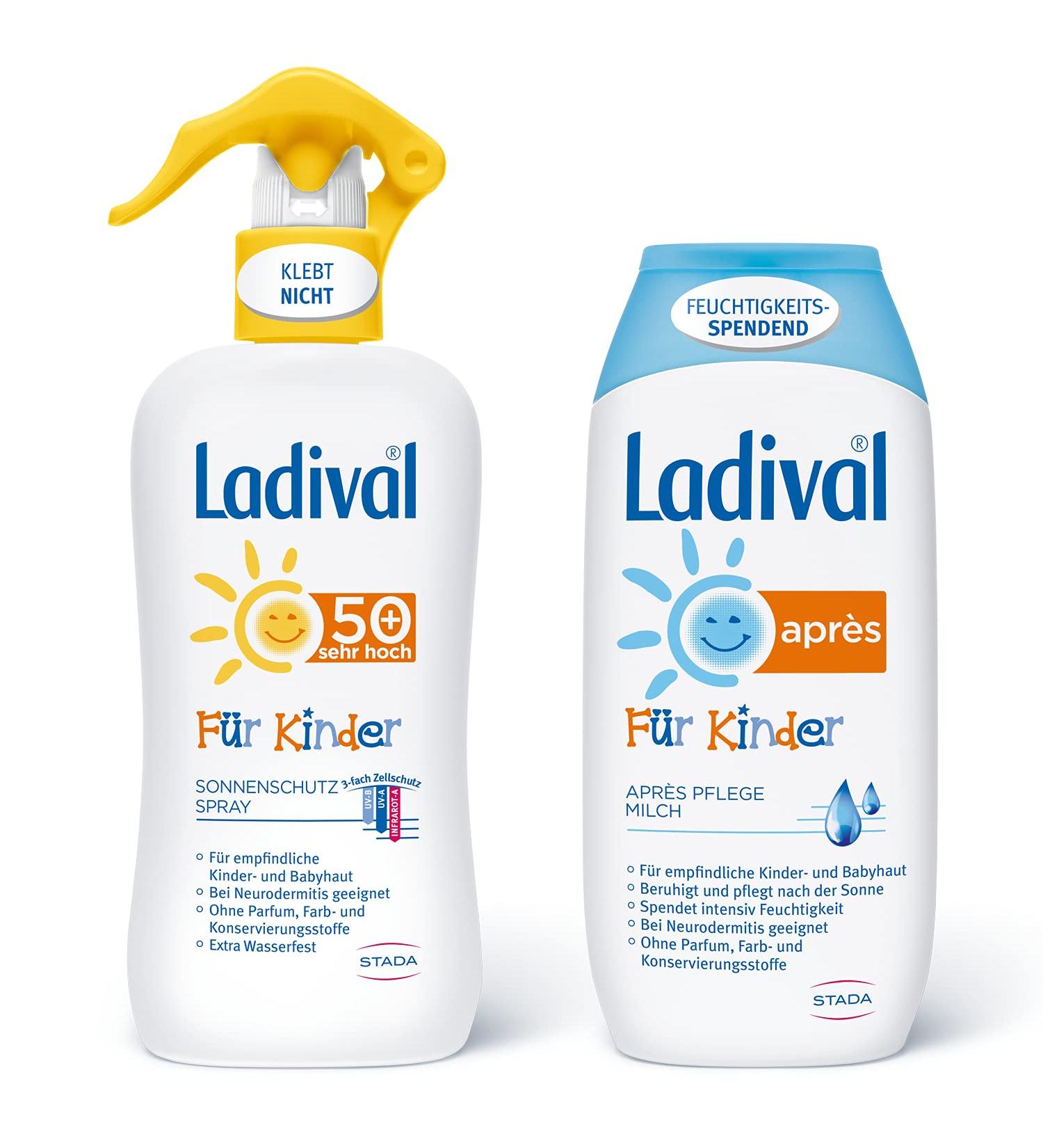Ladival children sun protection spray SPRAU 50+ and Ladival Kinder Apr s Lotion - 2 Set - for children's skin - without color and preservatives - 2x 200 ml