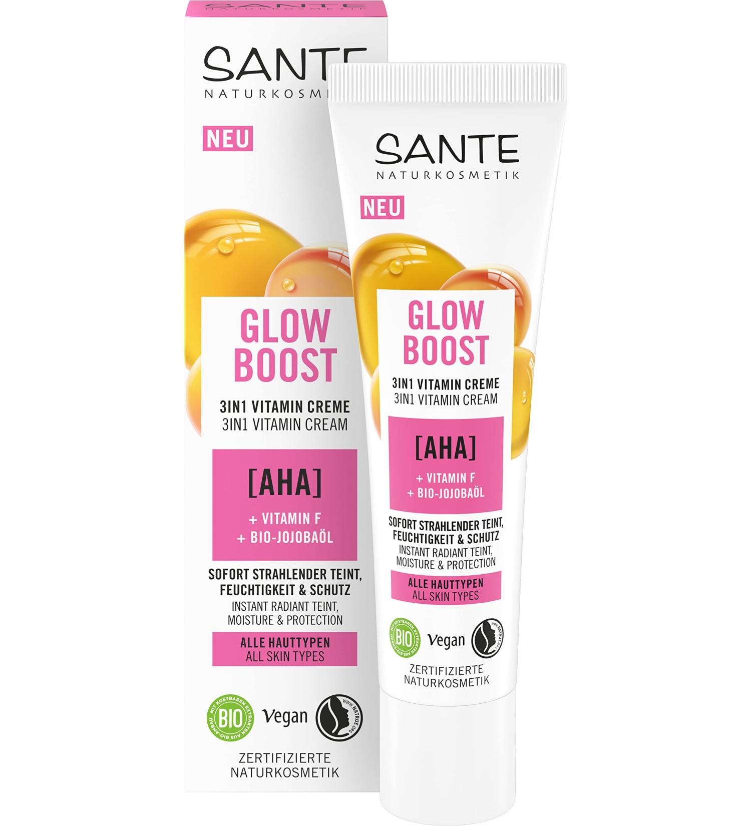 SANTE Naturkosmetik Glow Boost 3in1 vitamin cream nourishing day cream with AHA vitamin F and organic jojoba oil regenerating moisture care for radiant skin 30 ml - Buy Online on GoSupps.com