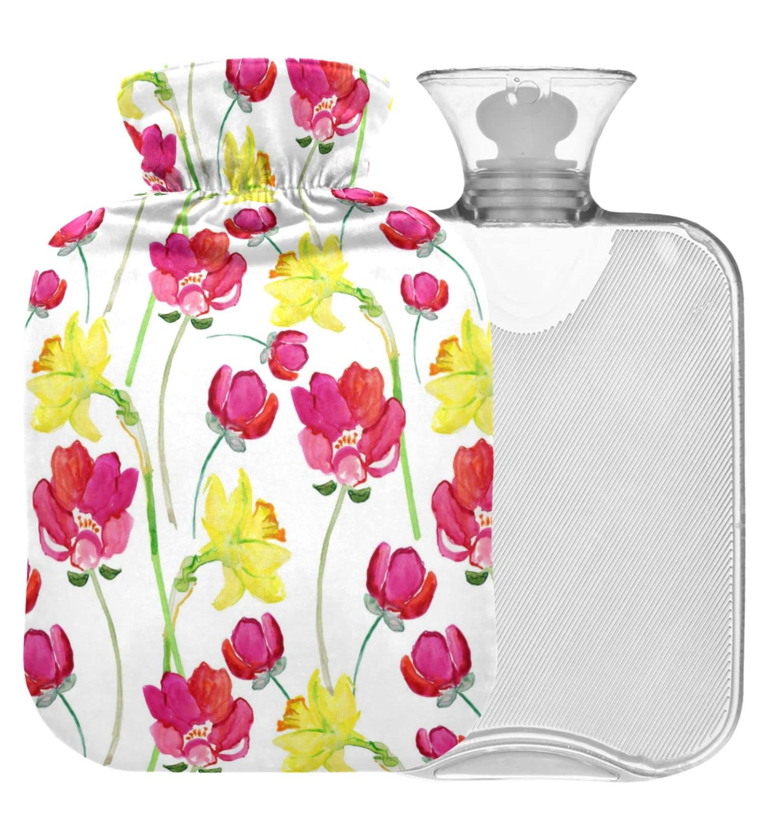 Naanle Hot Water Bottle | Transparent Heat Bottle for Back Pain Relief | Floral Yellow & Red | 1L Hand/Foot Warmer & Cold Therapy - Buy Online on GoSupps.com