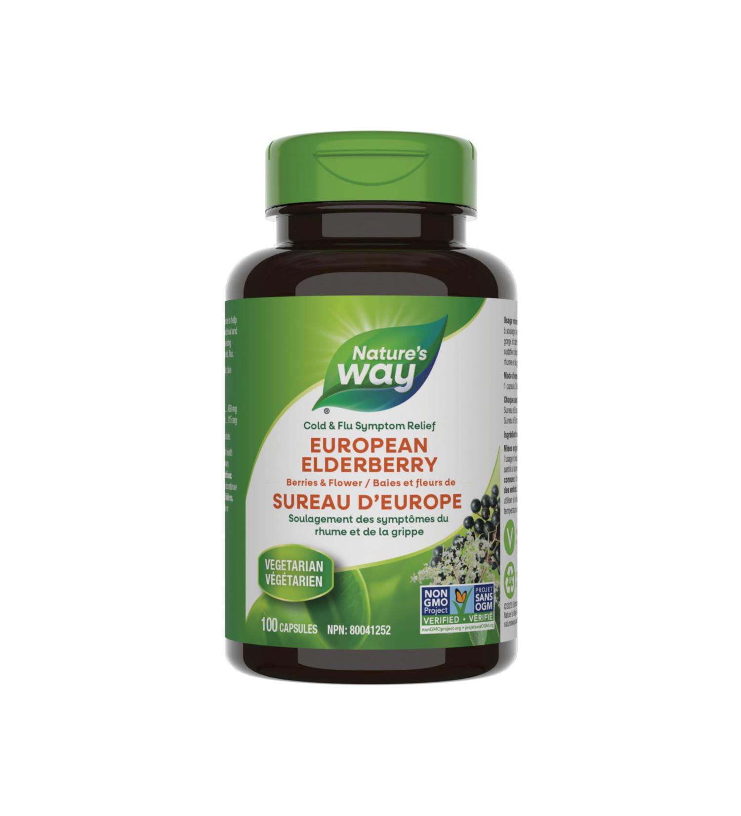 Nature's Way European Elderberry Capsules - Cold and Flu Symptom Relief Cough Sore Throat Support Supplement Elderberry Berries & Flower - Non-GMO Verified - Vegetarian - For Adults & Kids - 100 Capsules - Buy Online on GoSupps.com