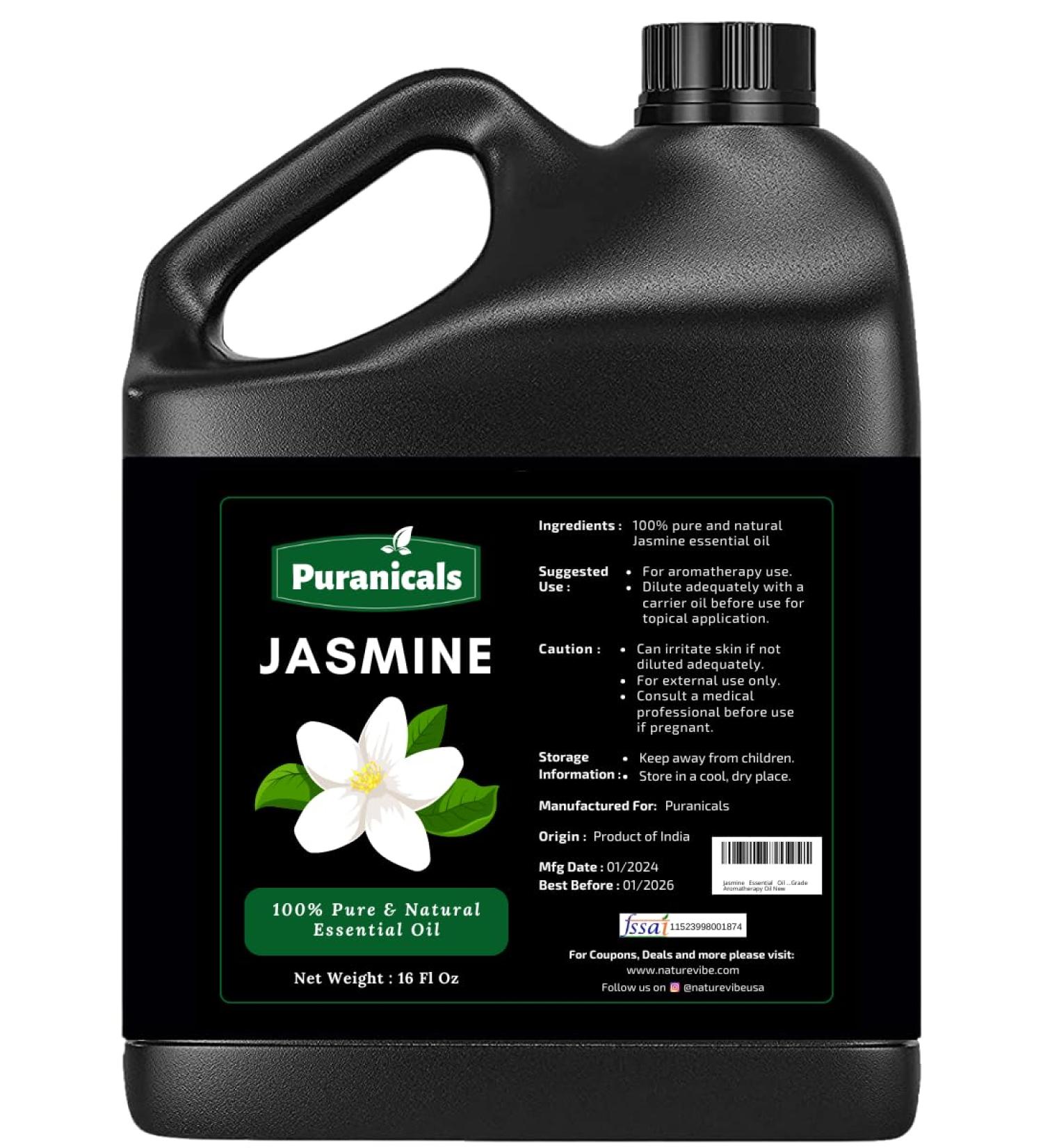 Jasmine Essential Oil 16 Ounces by Puranicals | 100% Pure & Natural | Undiluted Premium Quality | Therapeutic Grade Aromatherapy Oil - Buy Online on GoSupps.com