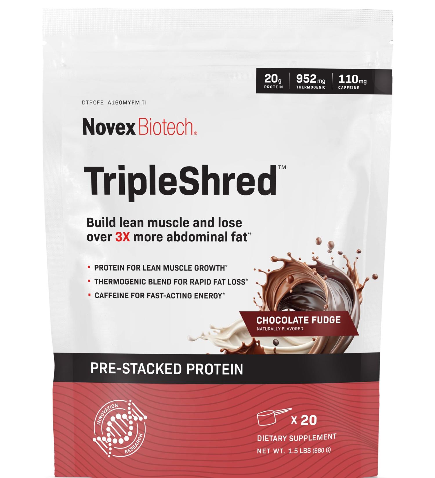 Novex Biotech TripleShred Protein Powder Lean Muscle & Metabolism Support with Thermogenic Blend, Caffeine, Green Tea & Coffee Bean Weight Management Formula, Chocolate Fudge, 20 Servings 1.5 Pound (Pack of 1) - Buy Online on GoSupps.com